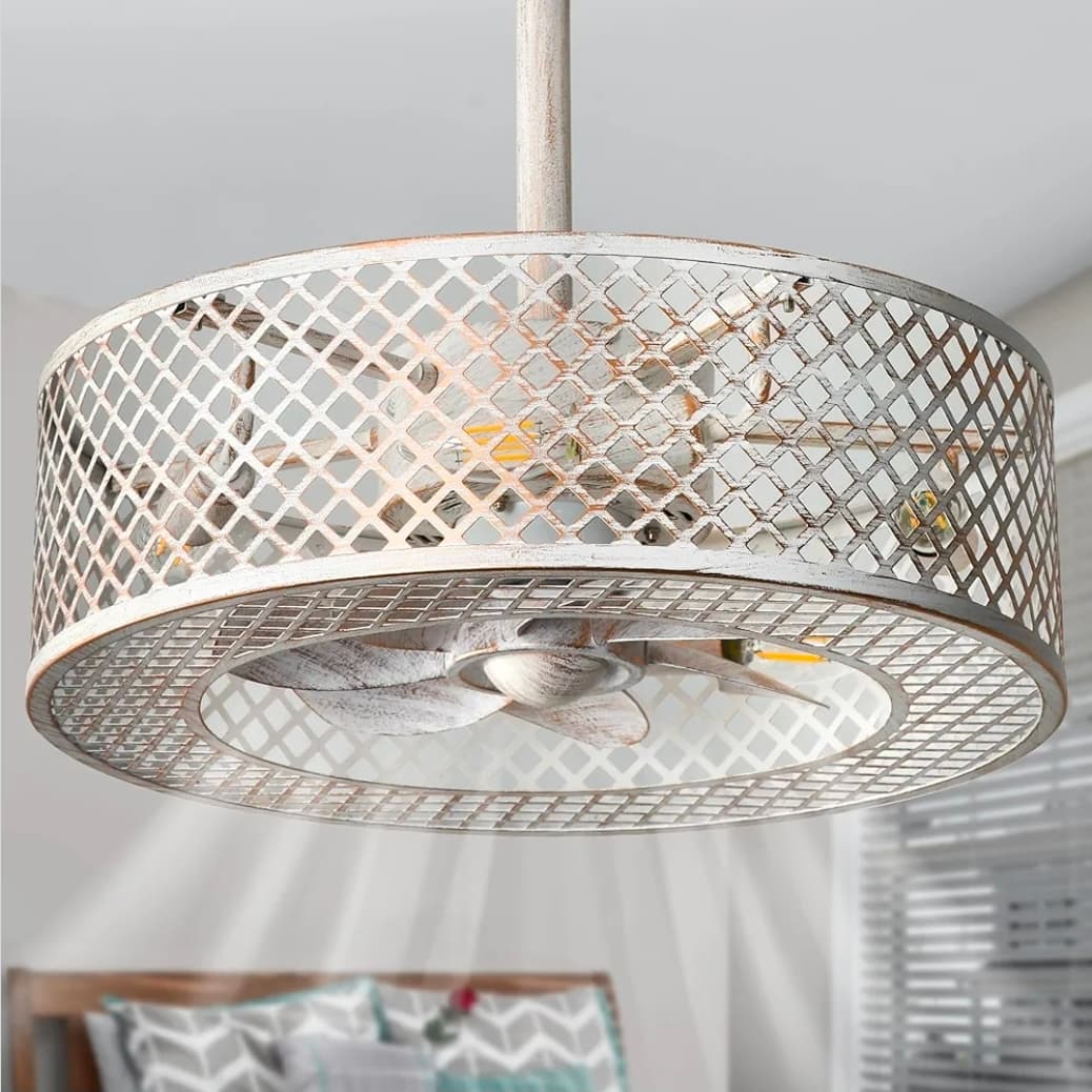 Caged Ceiling Fan with Lights, White Industrial Ceiling Fan with Light and Remote, Farmhouse Ceiling Fan Light for Living Room, Bedroom, Kitchen (Modern Minimalist W)