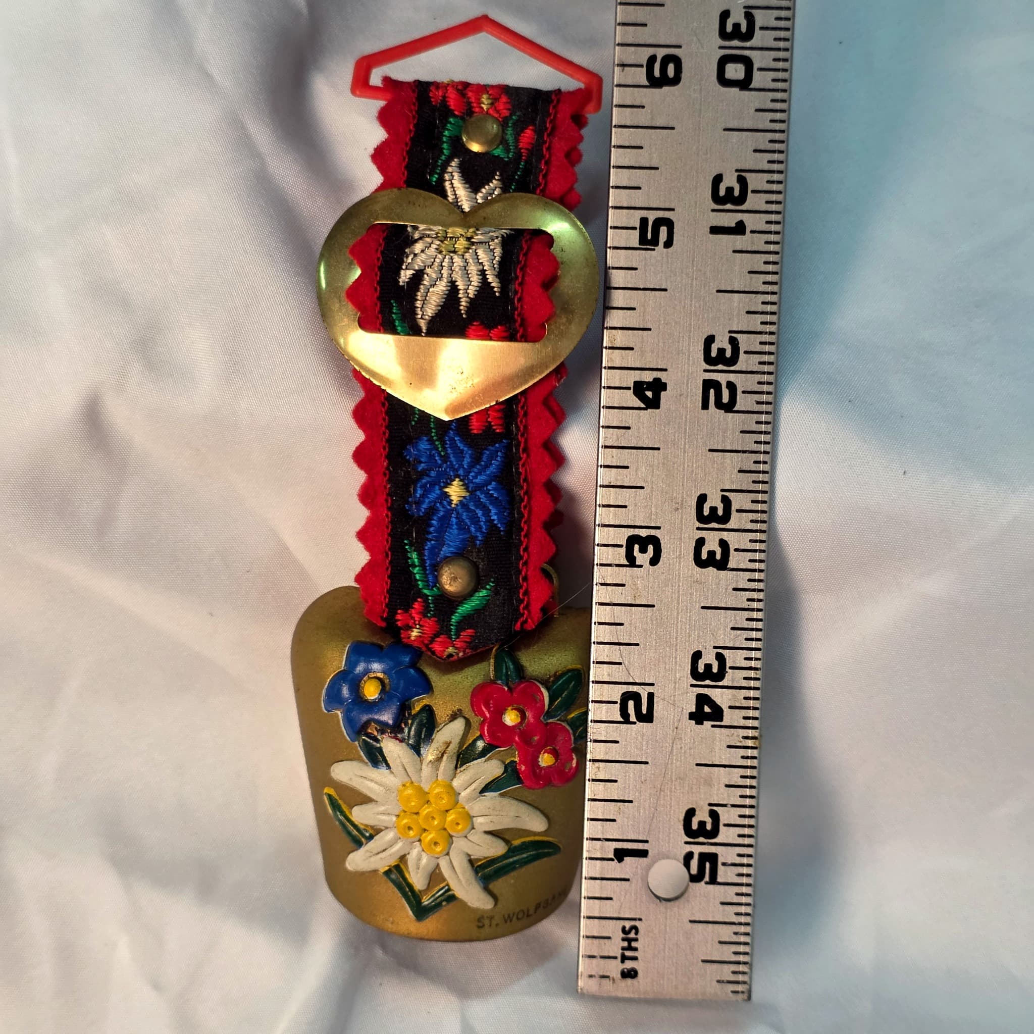 Vintage Alpine Cowbell, Embroidered Strap, St. Wolfgang Souvenir