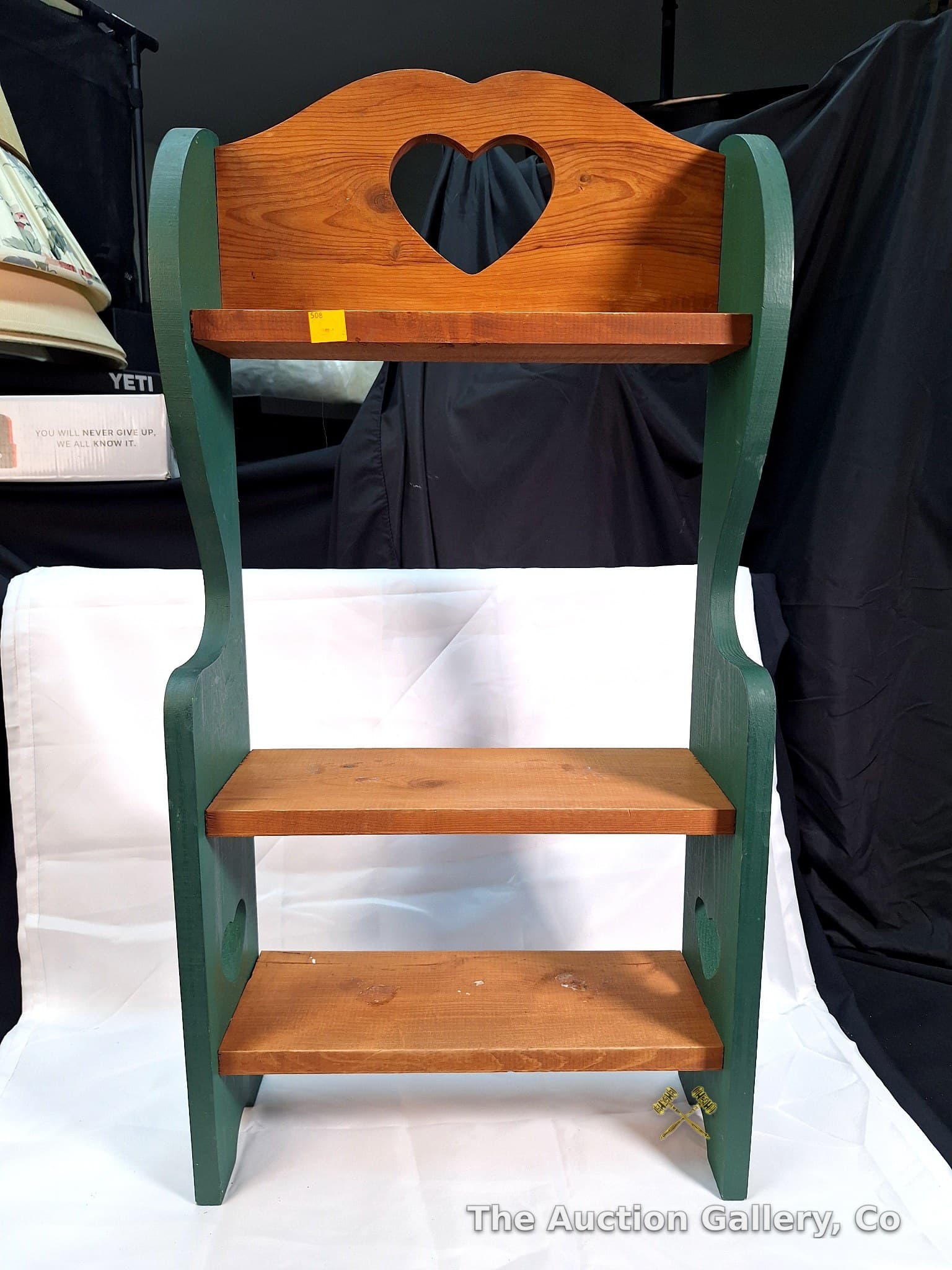 Vintage Wood Three-Tier Shelf, Heart Cutout, Green Paint
