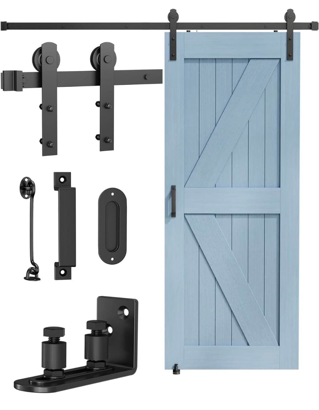Sliding Barn Door Hardware Kit - Farm Barns Door Track Rail, Heavy Duty Steel Interior Slide Track Roller Set with Handles/Latch/Floor Guide for Closets, Kitchen/Bathroom/Garages (8FT, Black)