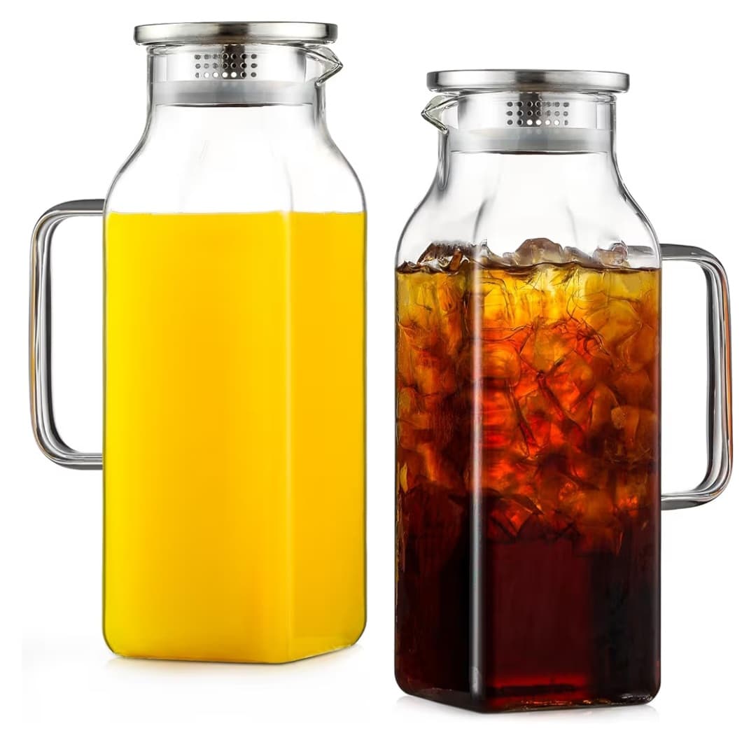 2 Pack 2.22 Liters/75 oz Square Glass Pitcher with Lid and Handle for Fridge, Iced Tea and Coffee