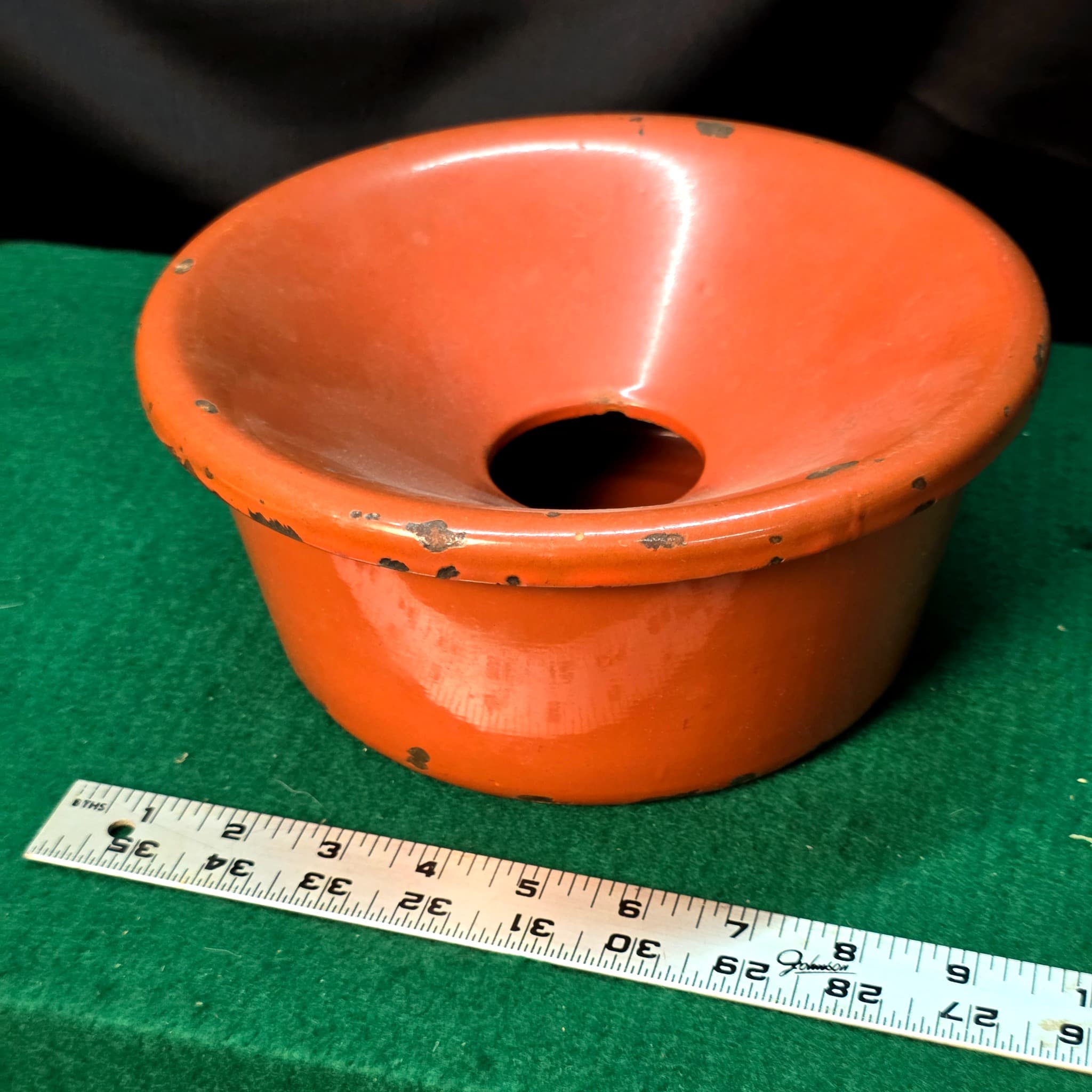 Vintage Enamelware Spittoon, Orange-Red, ~ 9" Diameter