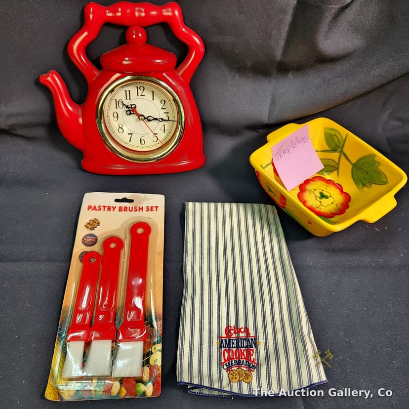 Kitchen Lot โ Teapot Clock, Temp-tations Dish, Pastry Brushes & Towel
