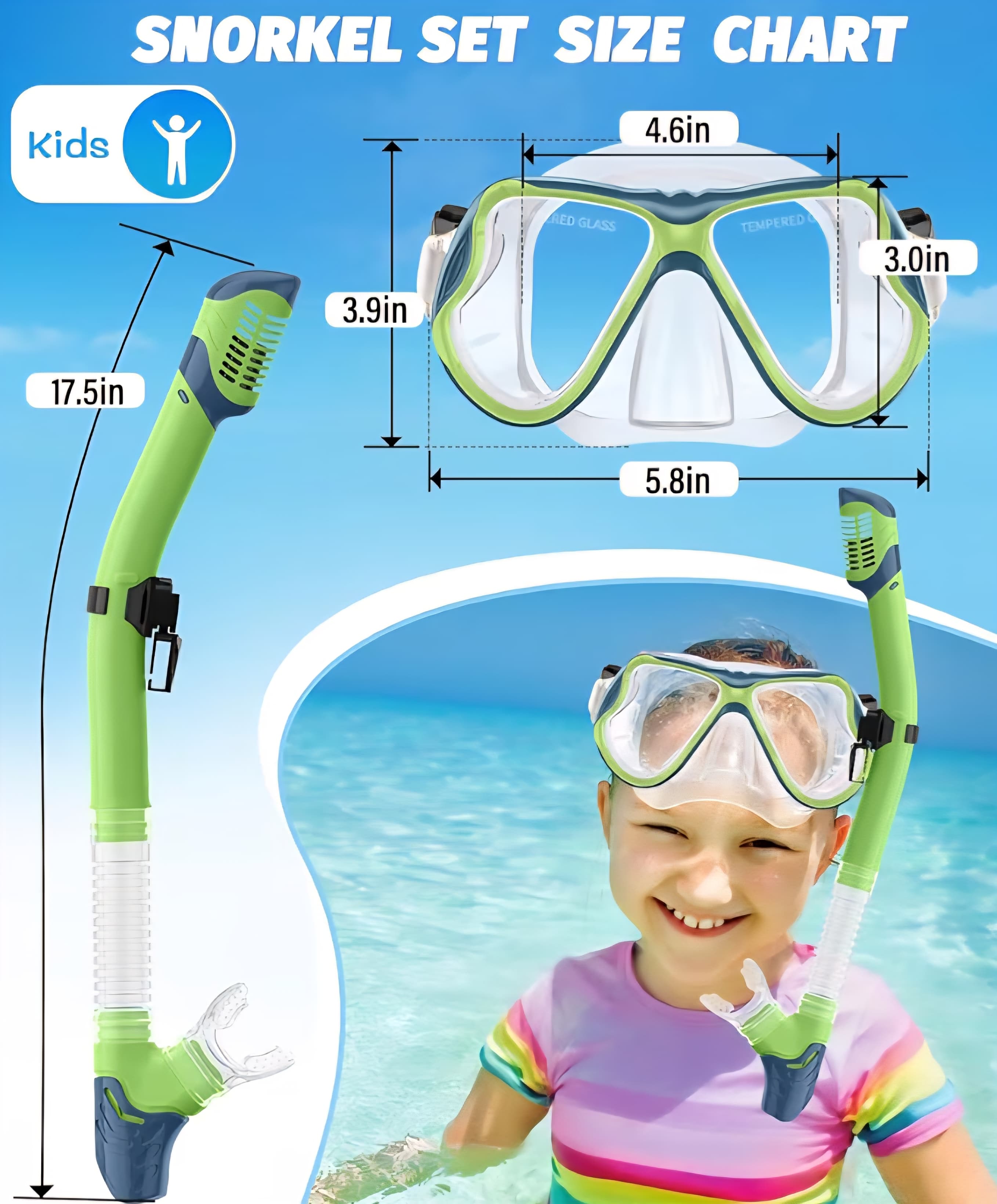 Snorkel Gear For Kids - Anti Fog - Panoramic View - Prevents Water Inflow