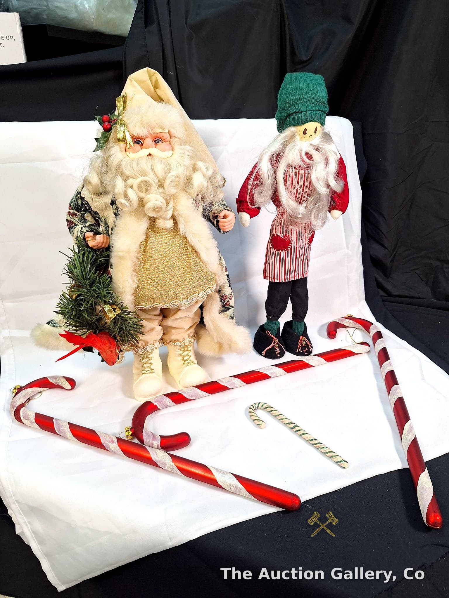 Christmas Santa Figure, Elf Doll, and Candy Cane Ornaments, 6-Piece Lot