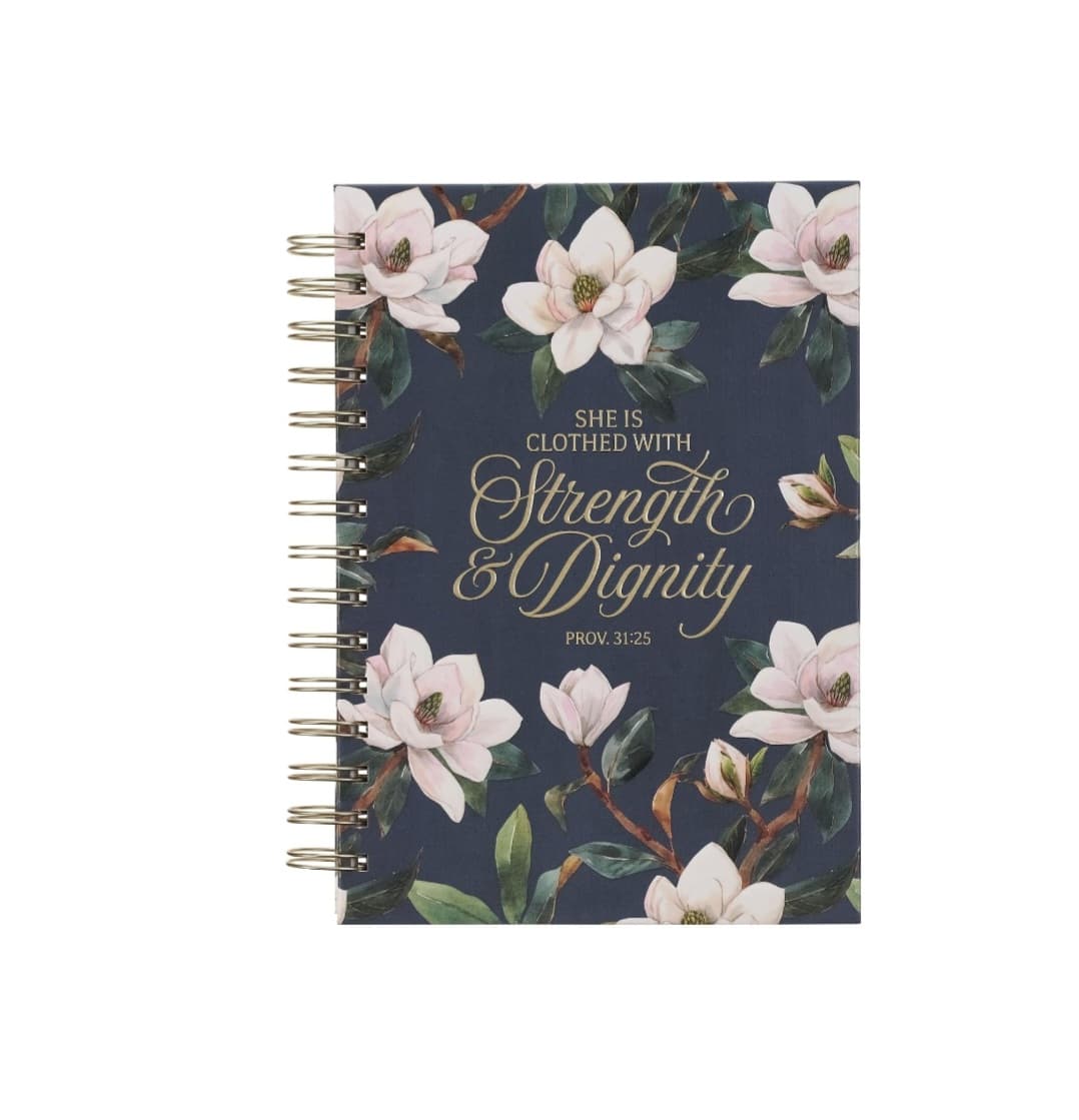 Hardcover Notebook, Wide Ruled Notebook - Strength & Dignity - Prov. 31:25 - 192 Lined Pages, Floral, Navy (8.4โ x 6.4โ x 1โ)
