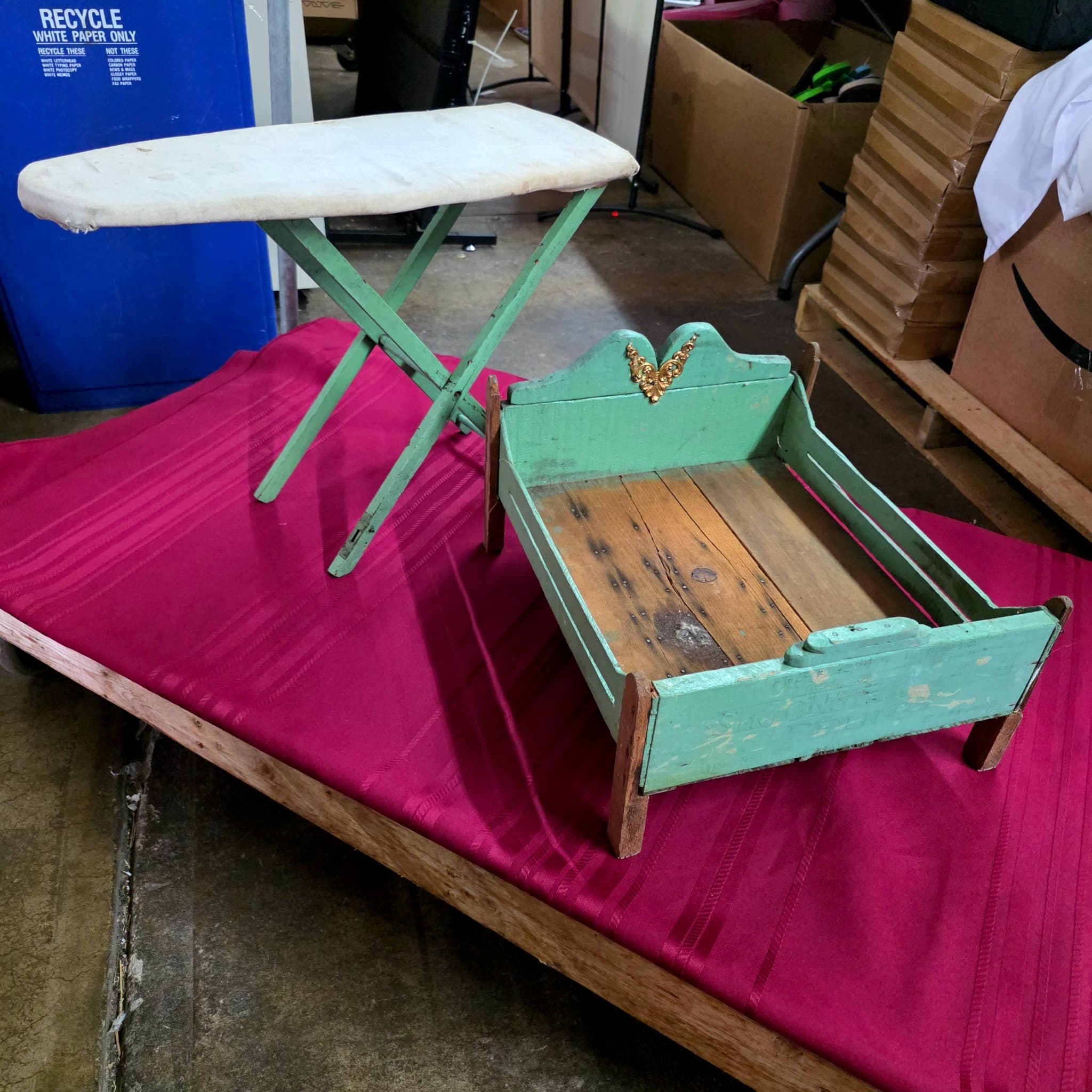 Vintage Green Painted Doll Cradle and Toy Ironing Board