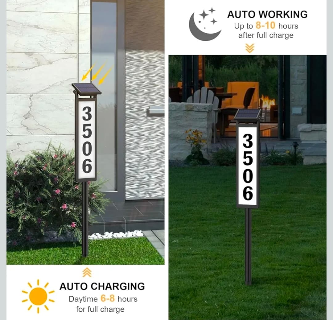 Solar Illuminated LED Lighted Address Sign, House Numbers for Outside Yard Home, Numbers Plaque Outdoor Waterproof, Black