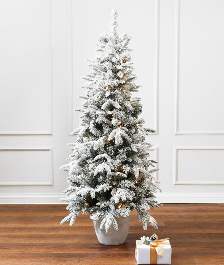 5FT Potted Christmas Tree, Prelit Flocked Christmas Tree with Pot, Artificial Xmas Trees with 150 LED Lights, Lighted Pine Trees for Indoor, Outdoor Holiday Display