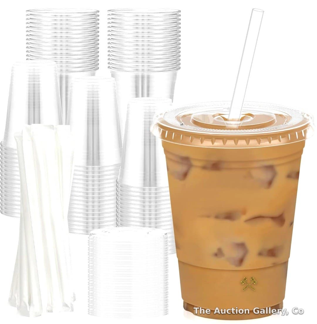 100 pack, 16 oz Plastic Cups with Lids and Straws