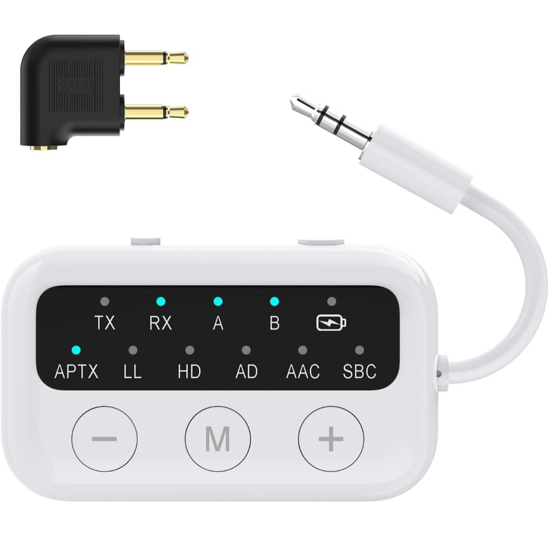 SafeFly Dot Bluetooth 5.3 Audio Transmitter Receiver for TV - AptX Low Latency, 25H Battery Life, Dual Pairing for 2 Airpods, 2-in-1 Wireless Adapter for Airplane, Car, Home Stereo, PC, MP3, Gym-White