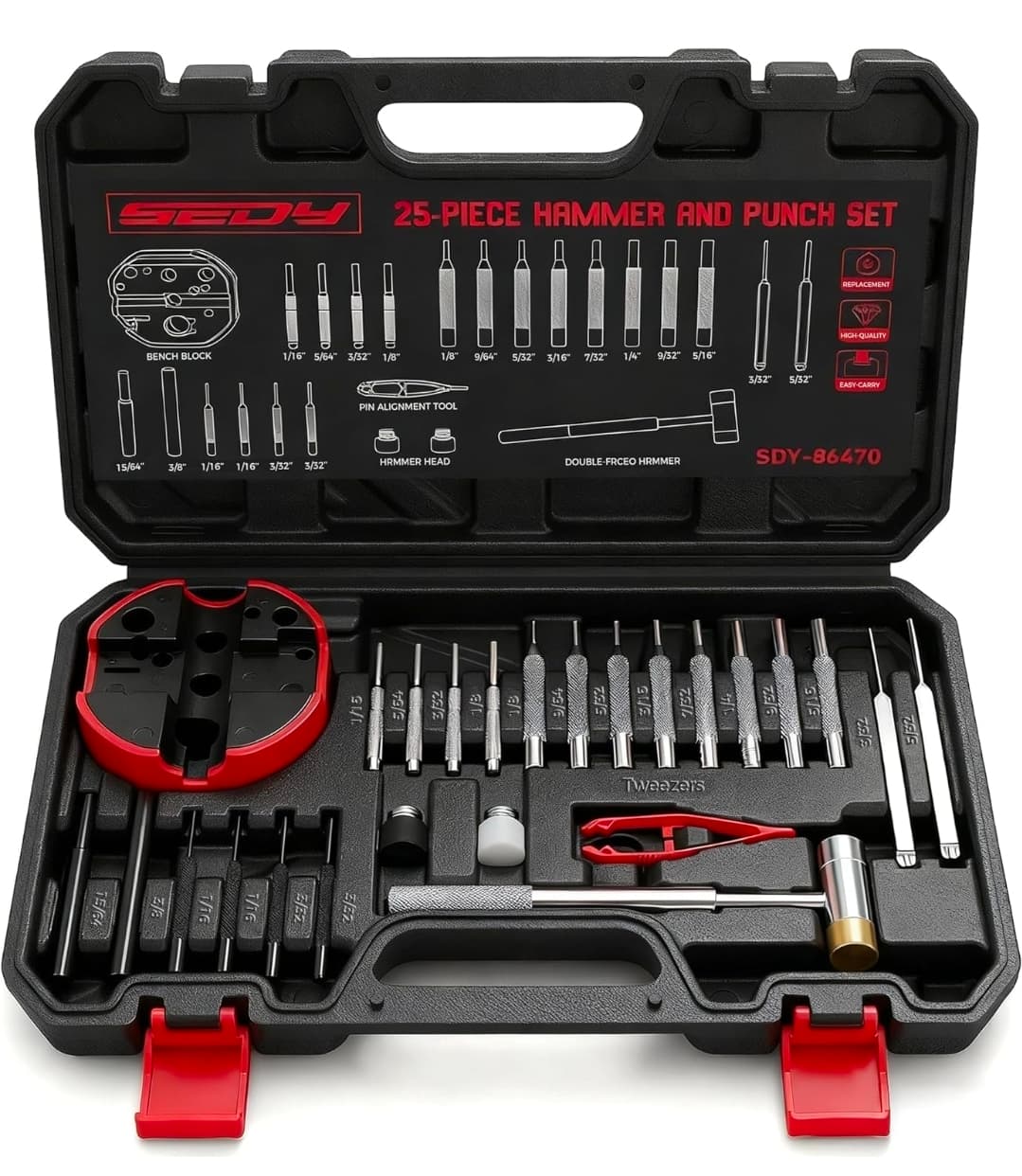 Premium Pin Punch Hammer Set: 25-Piece Punch Set and Hammer with Bench Block, Steel Roll Pin Punch Set, Pin Punches with Replaceable Face Hammer, Mechanical Repair Tool for Maintenance