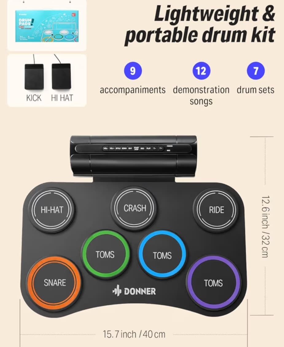 Donner Electric Drum Set Upgrated, 7 Pads - Built-in Speaker