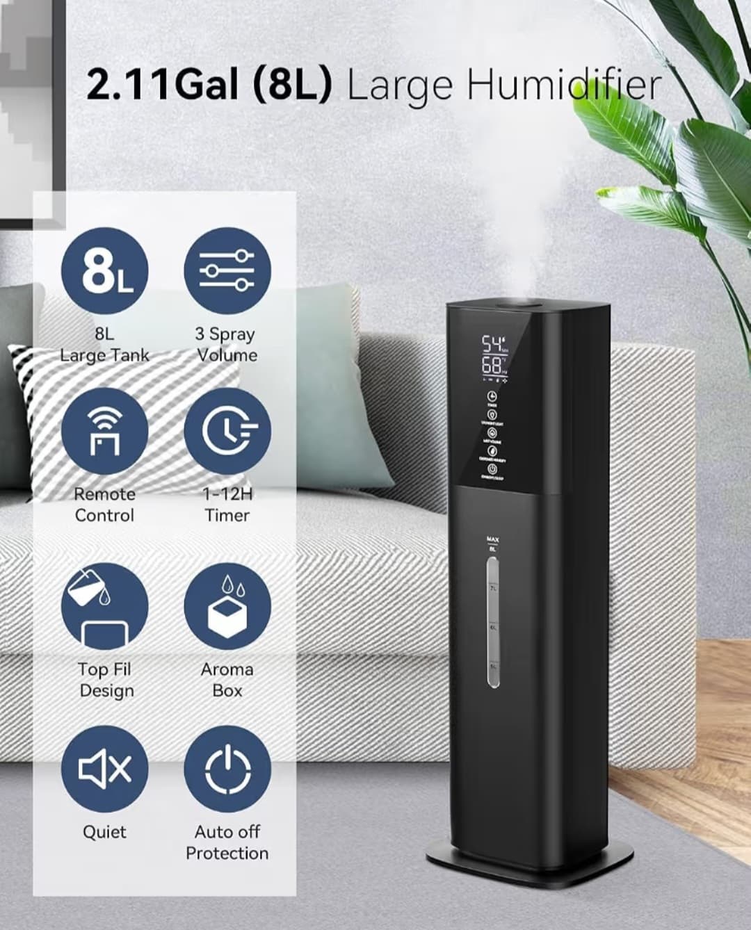 2.11Gal 8L Quiet Humidifiers for Large Room with Timer, 360Β°Nozzle, 3 Speed Ultrasonic Cool Mist Humidifier with Humidistat