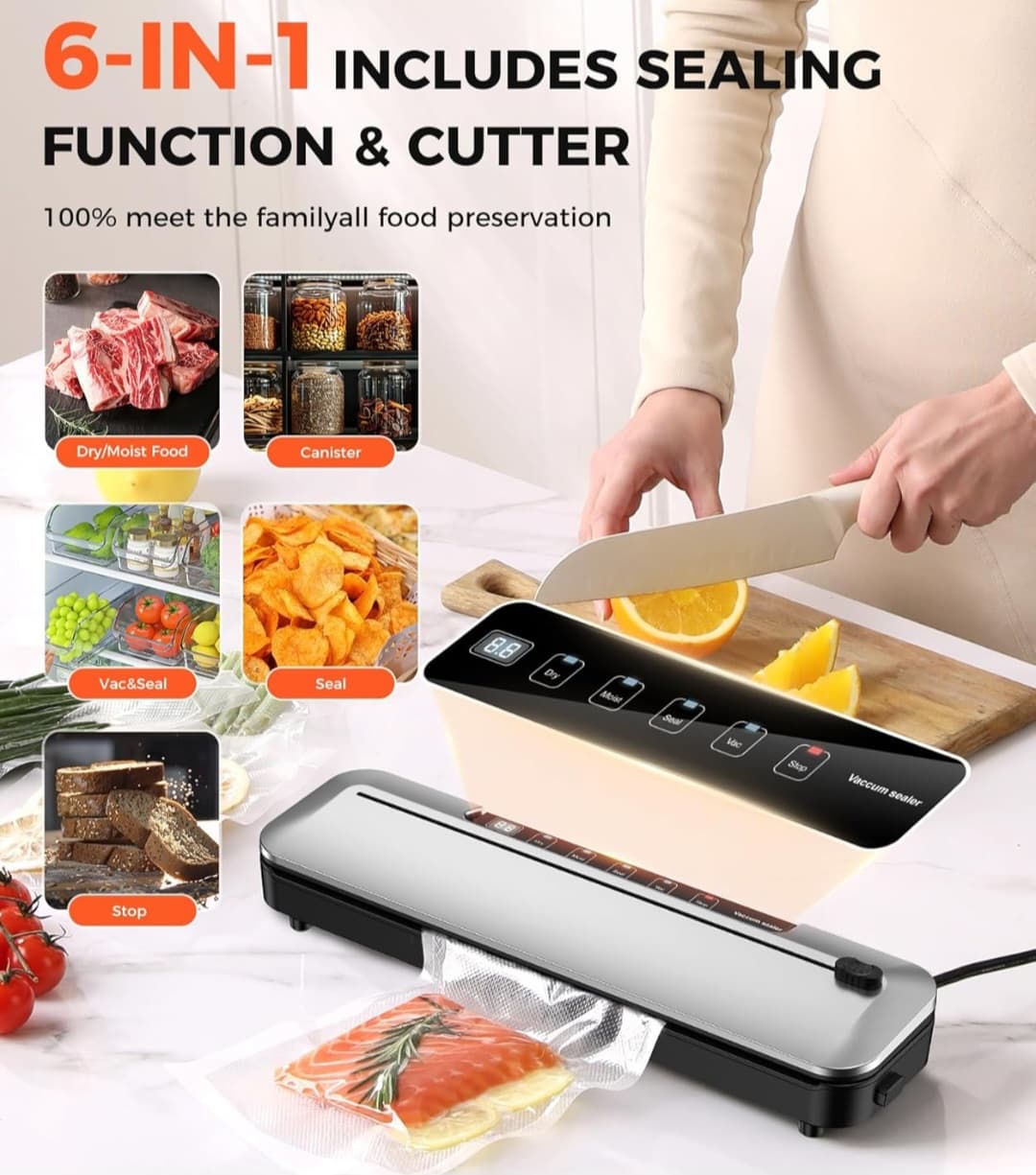 6-in-1 Moist/Dry Vacuum Sealer Machine (Bags/Jars/Canisters/Wine/Ect)