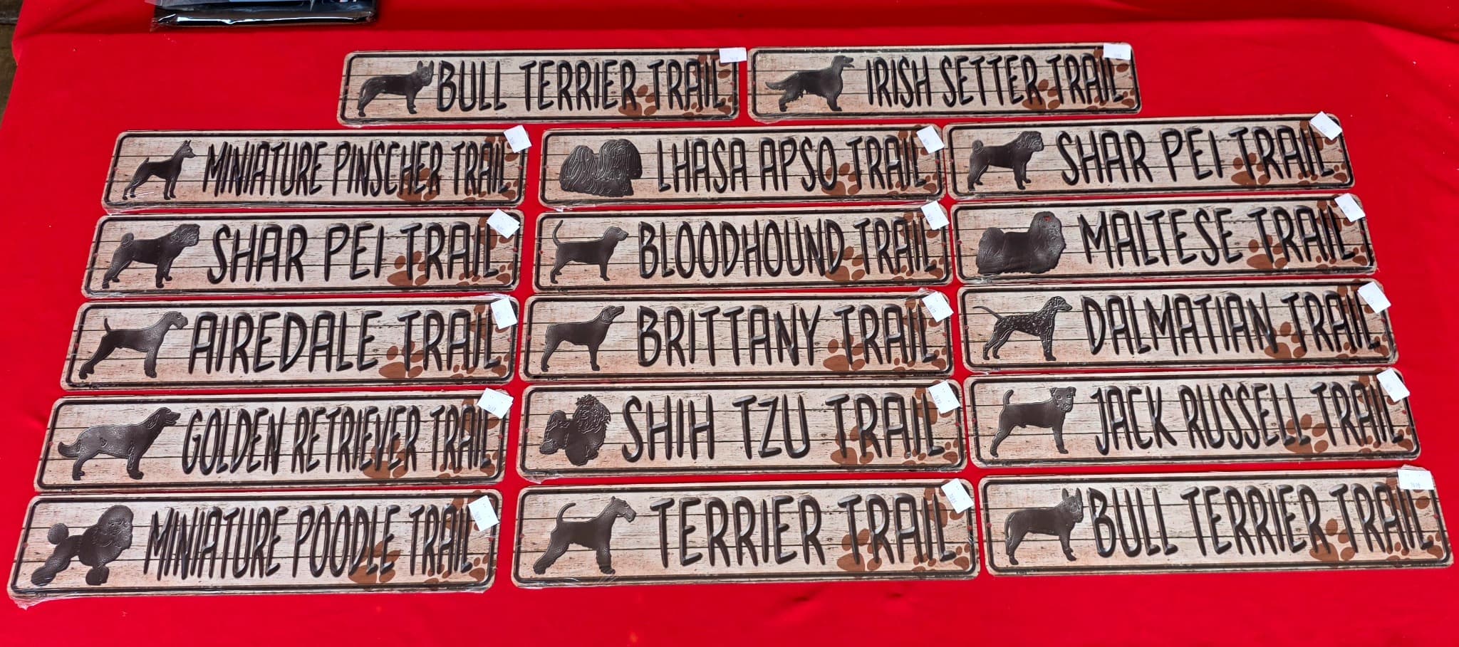Dog Breed "Trail" Metal Signs, Lot of 17