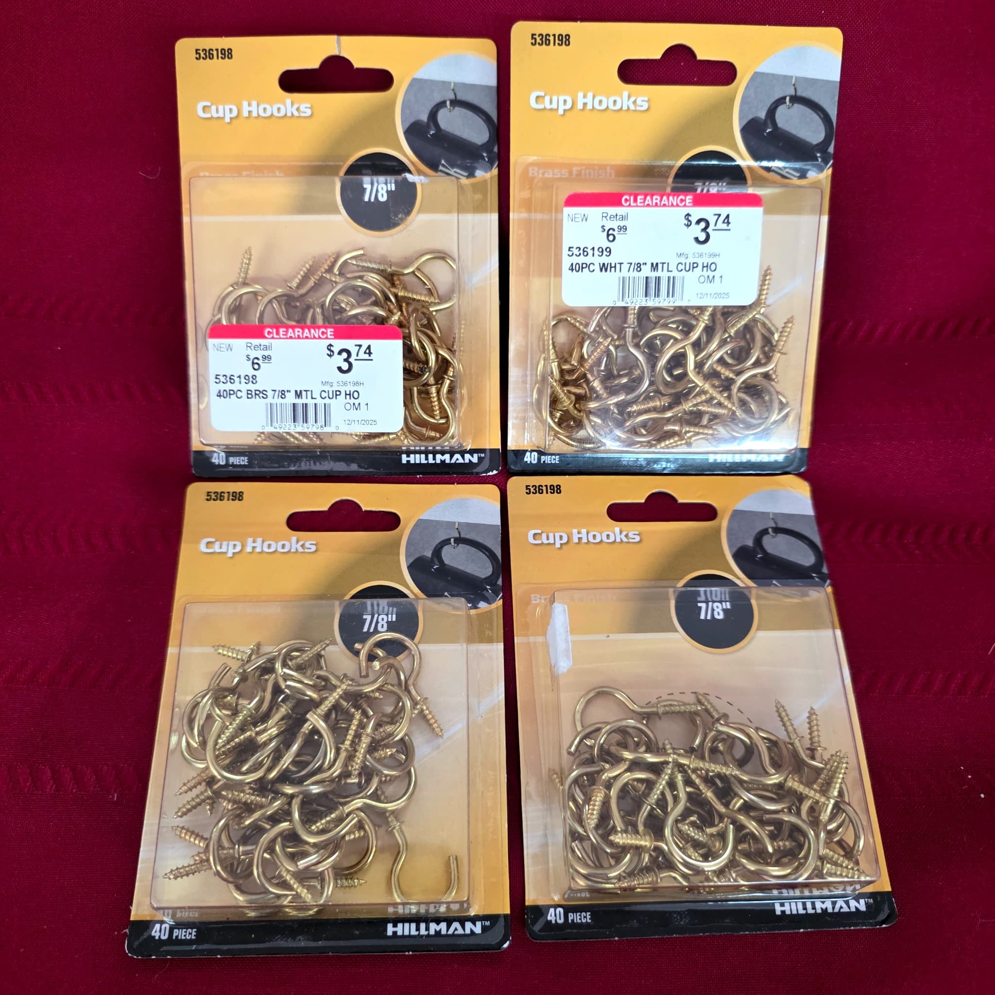 Hillman 7/8" Brass Cup Hooks, 4 Packs of 40