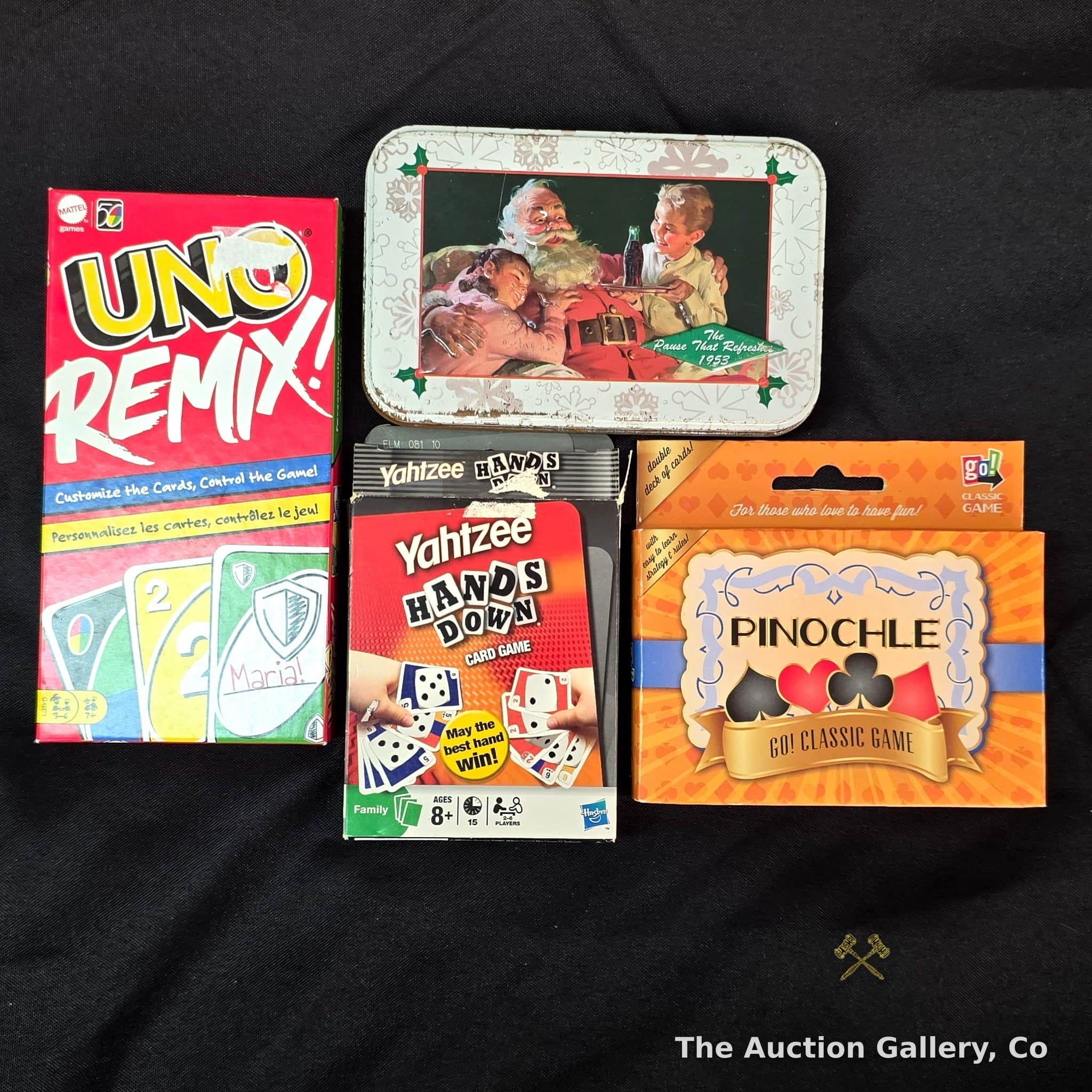 Card Game Lot โ UNO Remix, Yahtzee Hands Down, Pinochle, Coca-Cola Tin