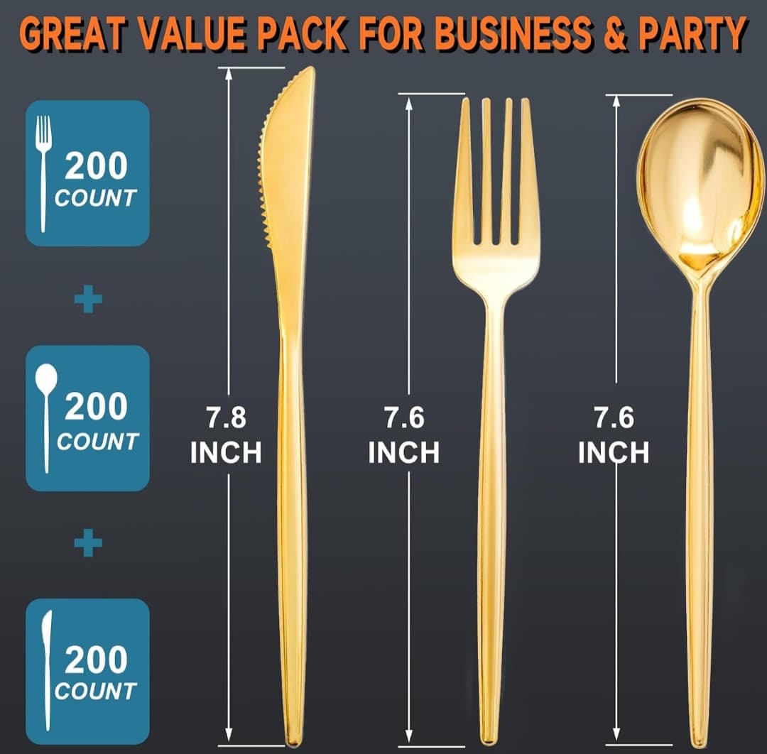 600 Pcs Gold Plastic Silverware (200 Forks, 200 Spoons, 200 Knives Heavy Duty)