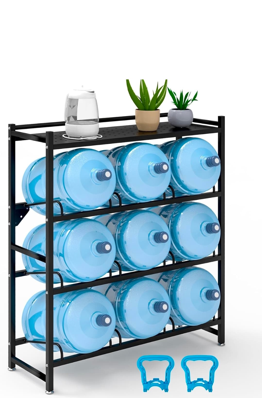 5 Gallon Water Jug Holder Heavy DutyοΌ4-Tier Water Jug Rack w/Top Shelf, Wall Mount Water Bottle Holder for 9 Bottles, Powder Coated Water Rack Stand for Home, Office, Restaurant, Gym.