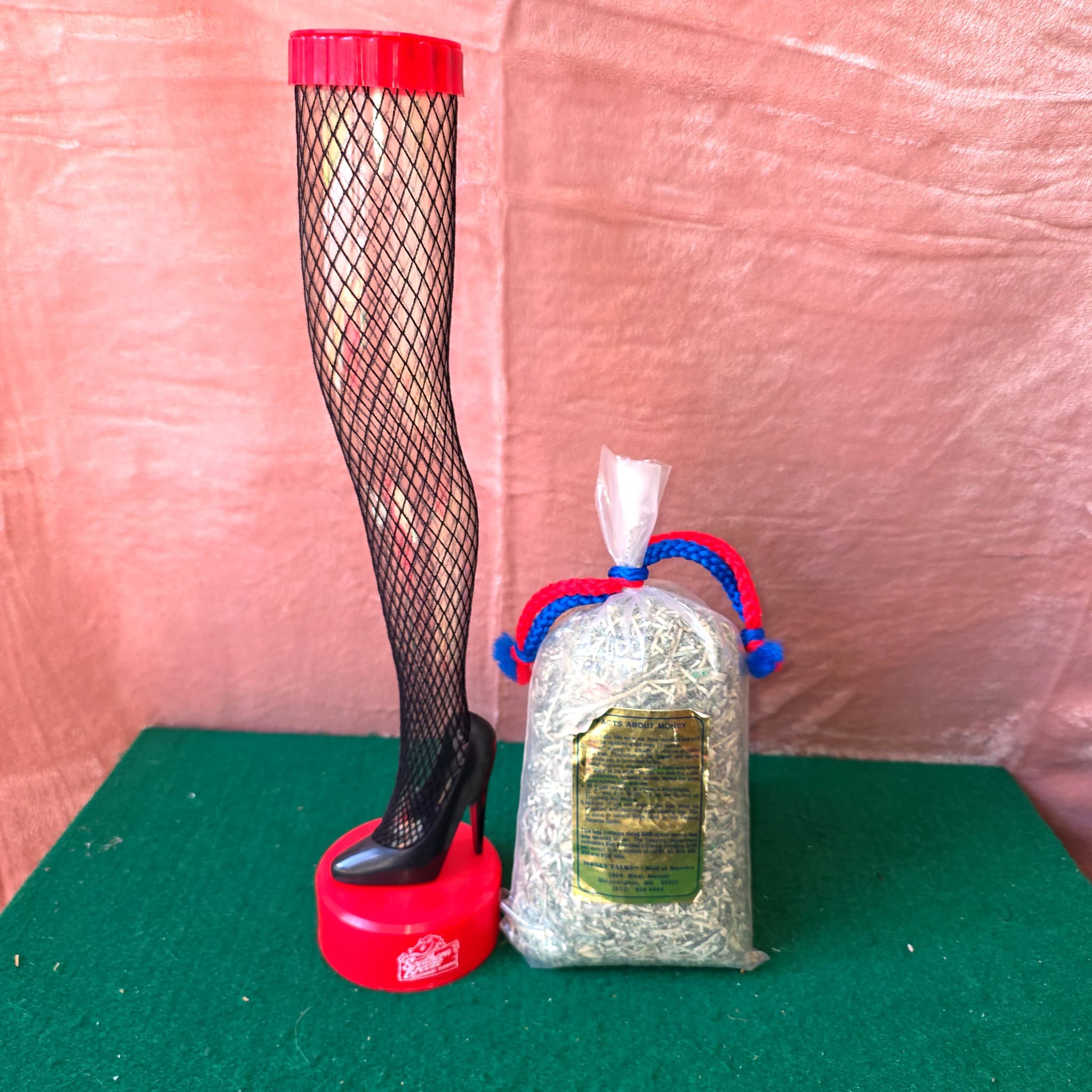 Collector Plastic Leg Bank & Shredded $500 Cash Bag, 2-Piece Lot