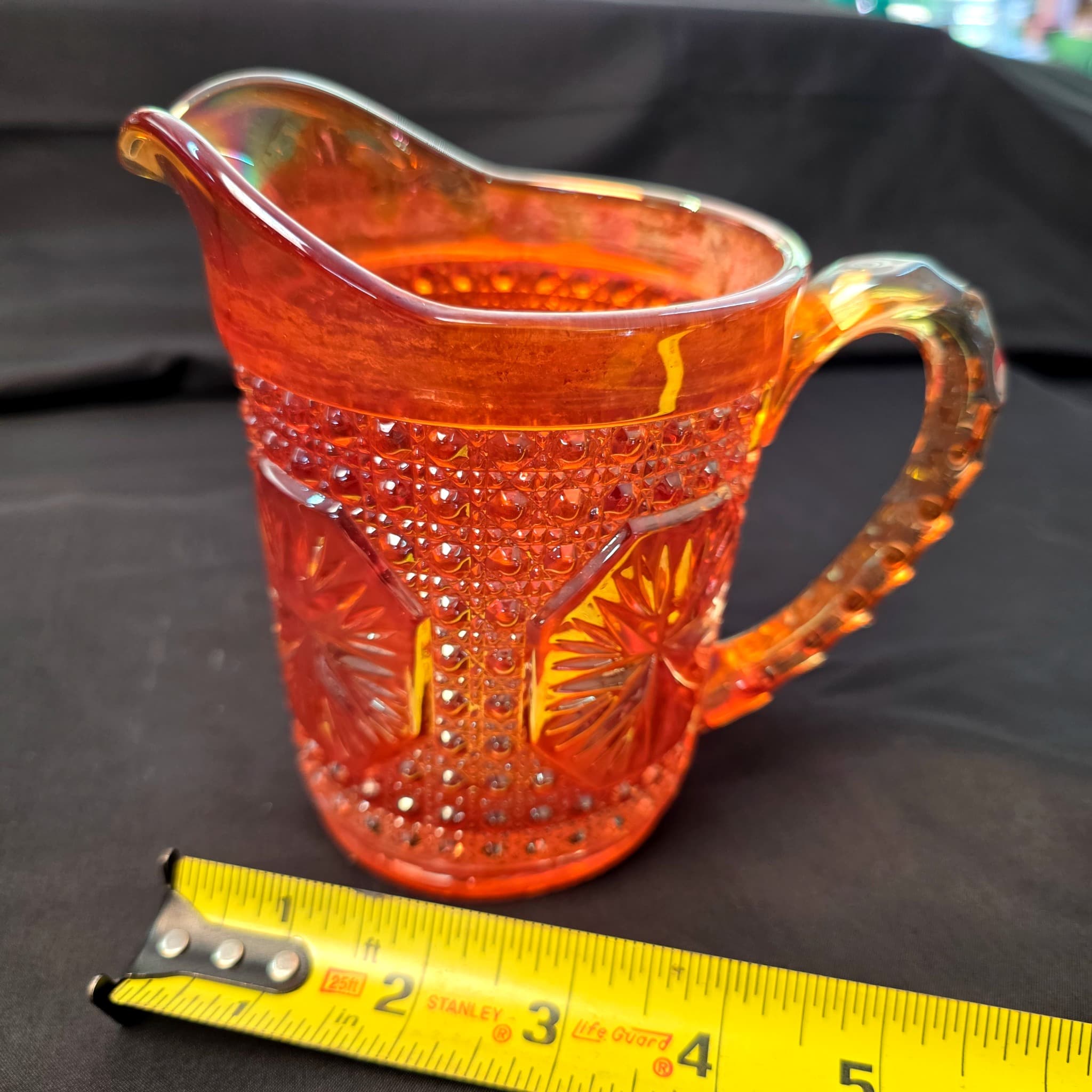 Marigold Carnival Glass Pitcher, Daisy and Button Pattern