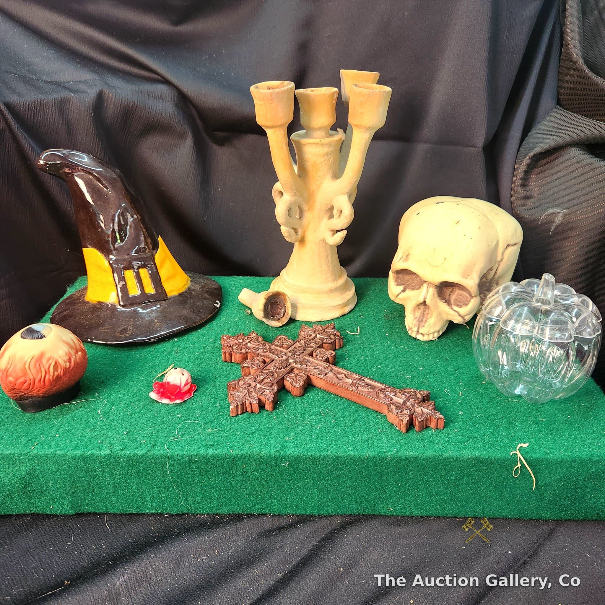 Halloween Decor Lot โ Skull, Witch Hat, Candelabra, Cross & More