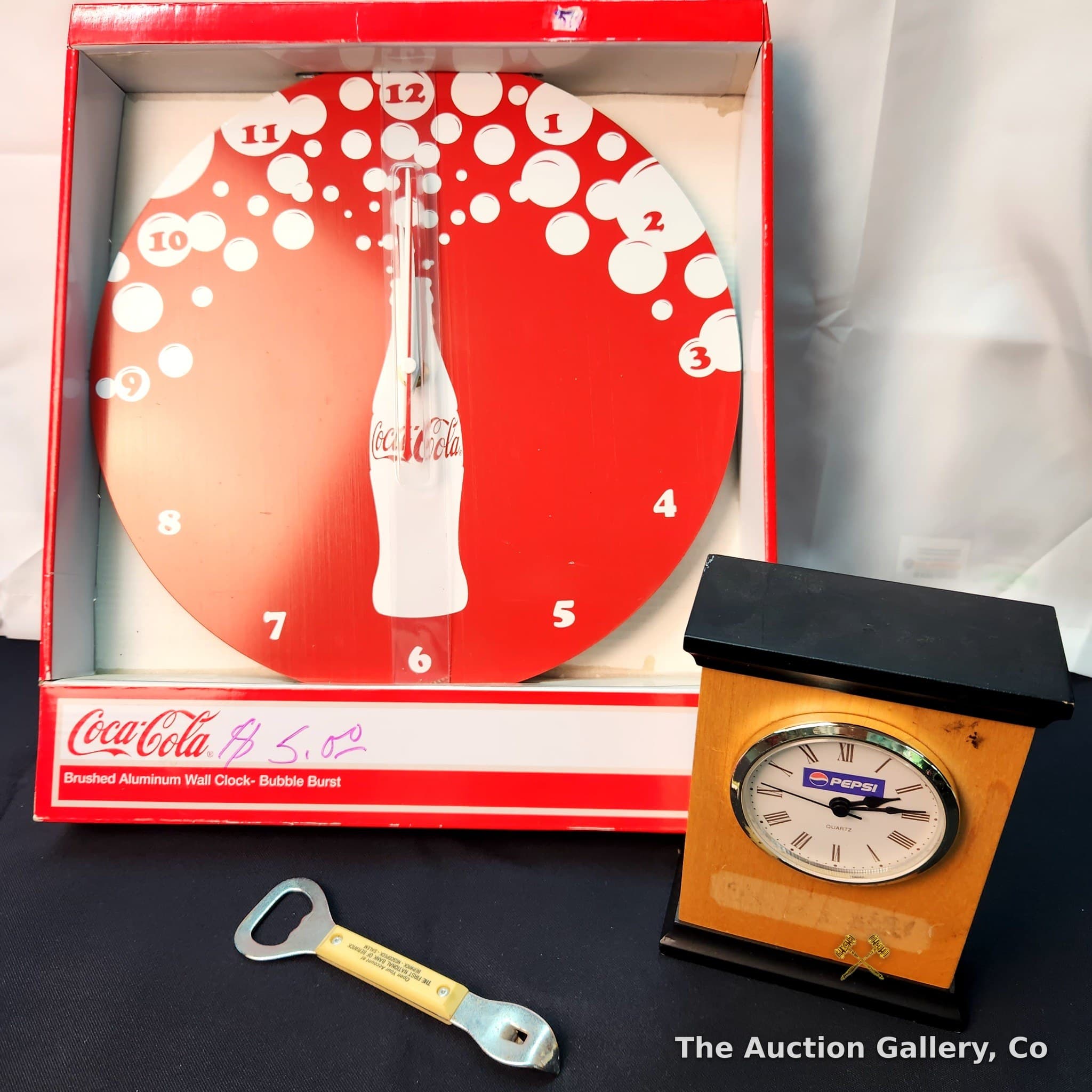Soda Advertising Lot โ Coca-Cola Wall Clock, Pepsi Desk Clock, Bottle Opener