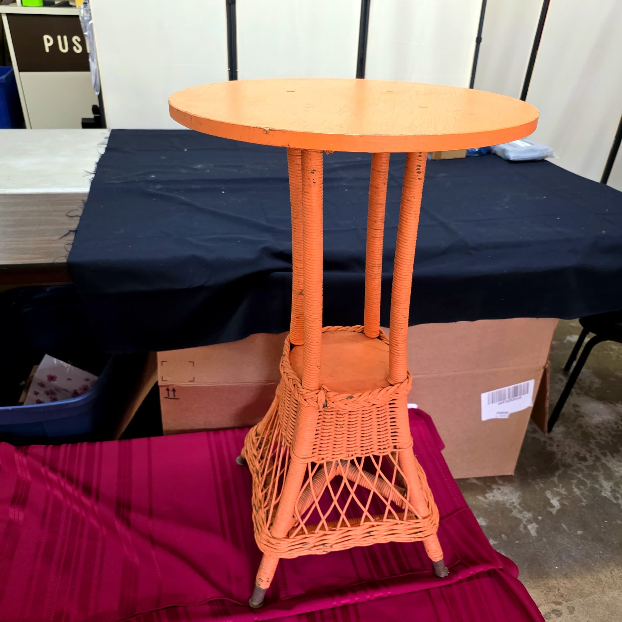 Vintage Orange-Painted Wicker Pedestal Side Table
