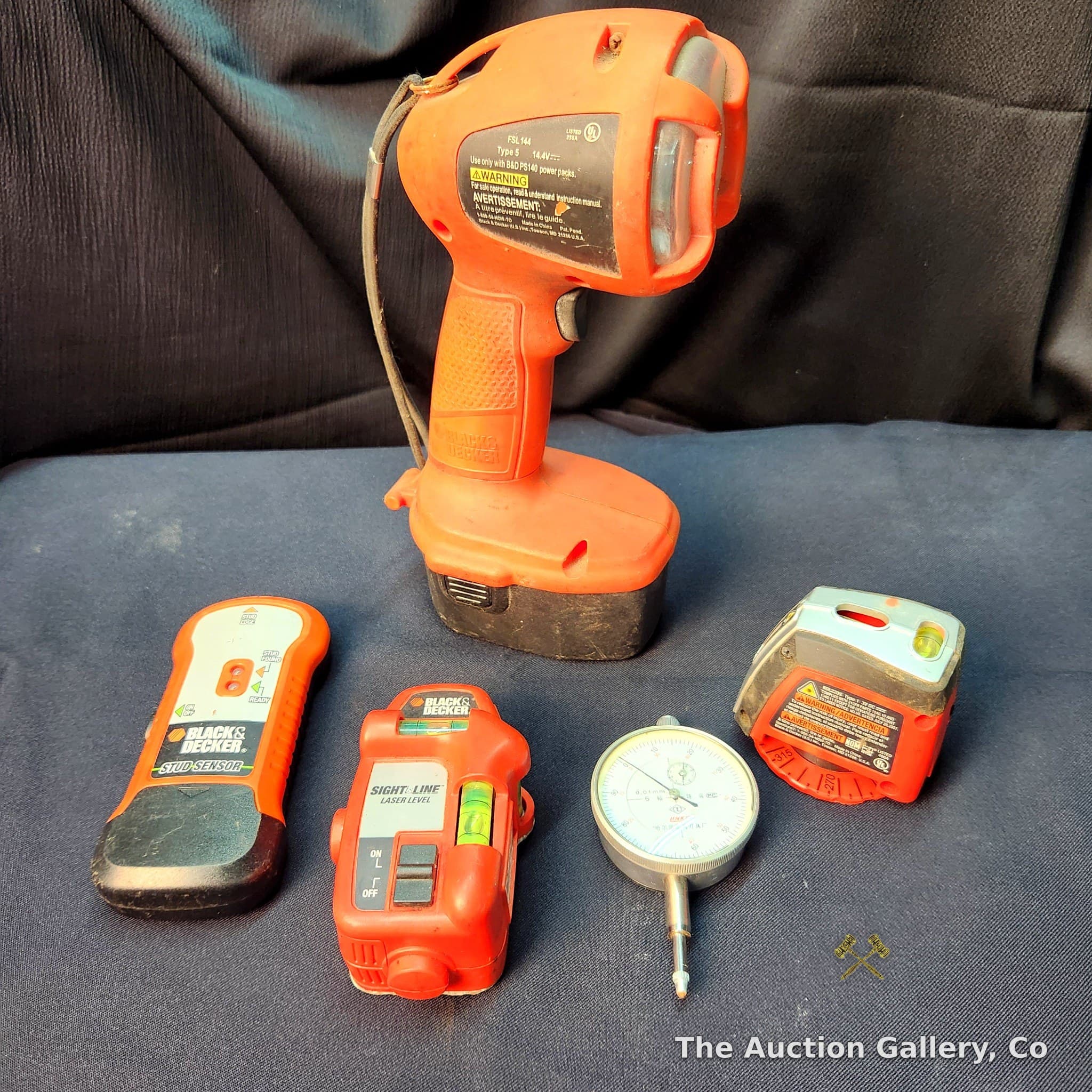 Black & Decker Tool Lot โ Work Light, Stud Sensor, Laser Levels, Dial Indicator