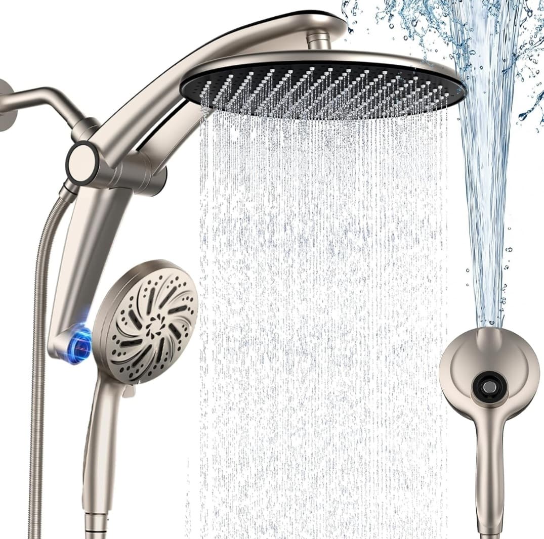 High Pressure Rain Shower Head, Magnetic Power Wash Combo Shower head with handheld spray, adjustable one-piece stand, 9 settings, rainfall head, power wash
