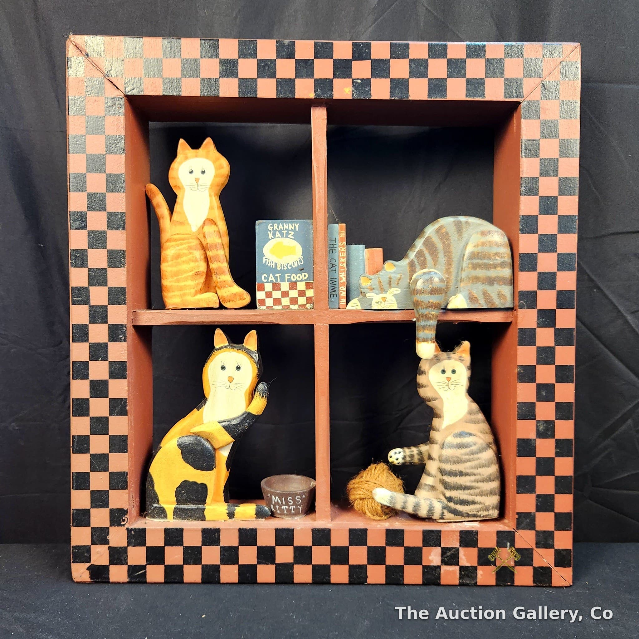 Folk Art Cat Shadow Box Curio Shelf with Figurines