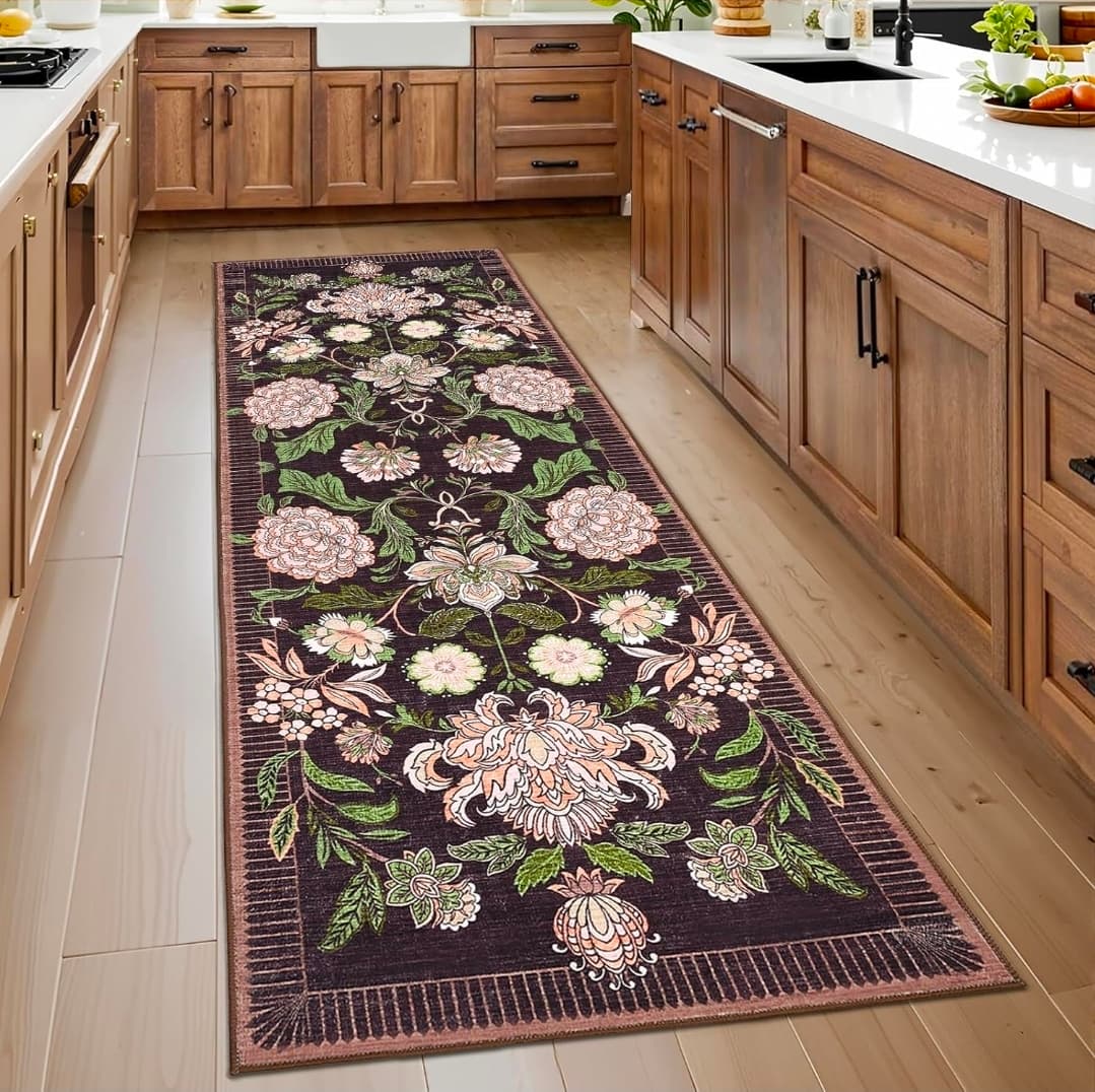 Plum Pink Floral Botanical 2x6 Washable Kitchen Runner Rugs Non Slip Black Purple Vintage Boho Cottage Long Rug for Hallways Bedroom Entryway Bathroom Mat with Rubber Back
