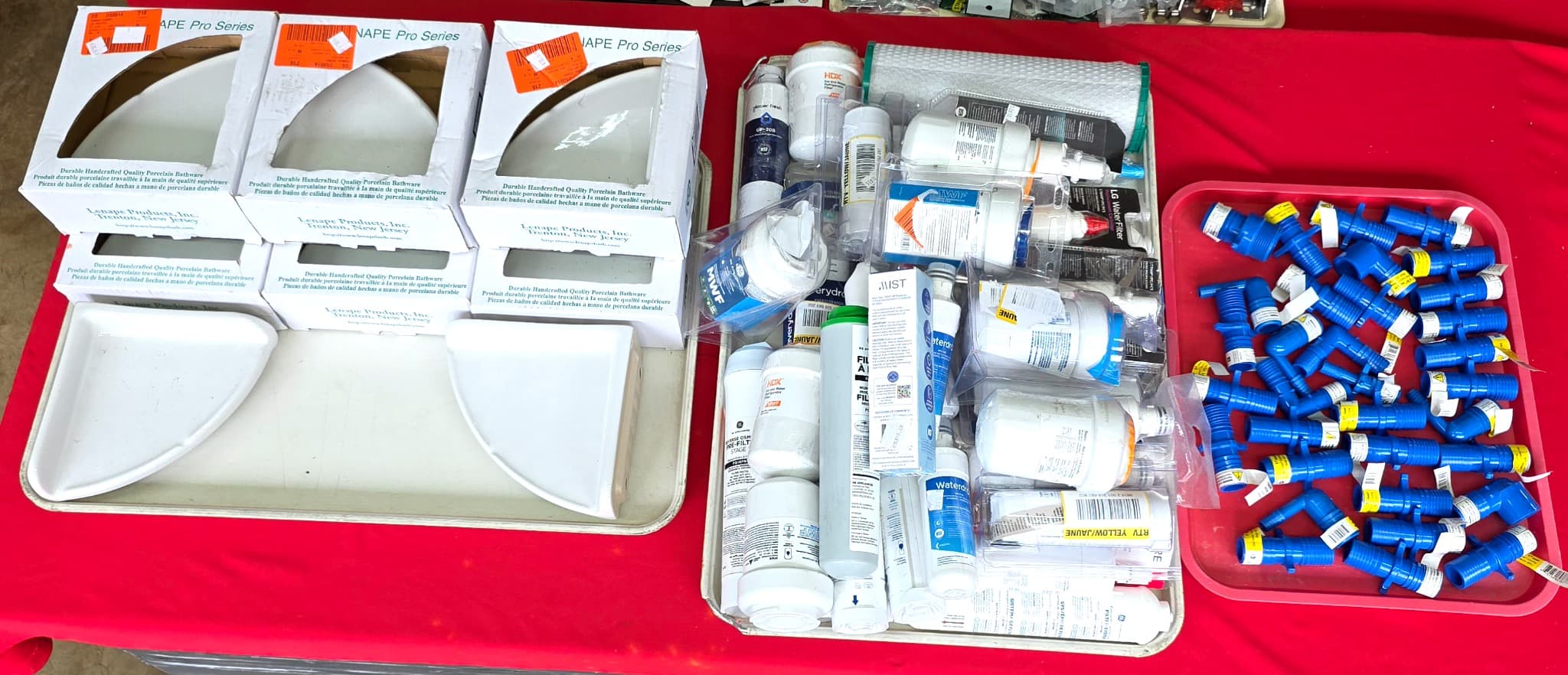 Brand New Mixed Lot โ Porcelain Corner Shelves, Refrigerator Water Filters & Barbed Fittings