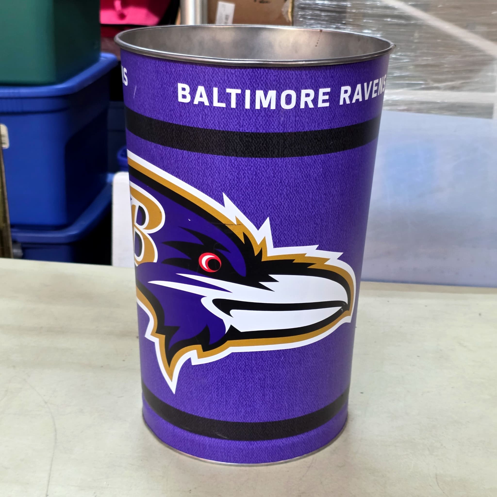 Baltimore Ravens Licensed Metal Wastebasket, 15" Tall