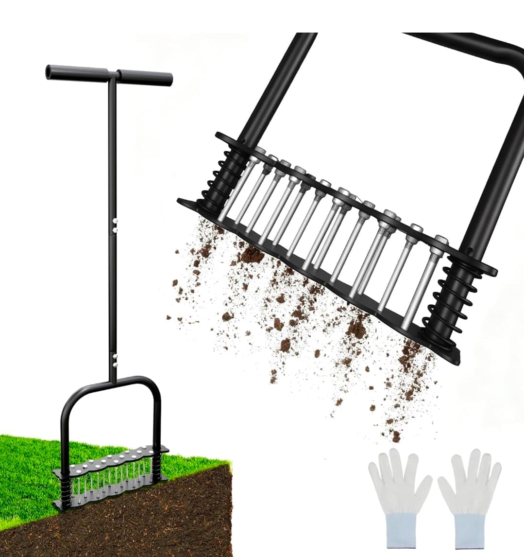 Lawn Aerator Tool with 14 Steel Spikes, Hand Grass Aerator Spike Tool Manual Lawn Aerators with Spring-Loaded Design&Automatic Leaf and Dirt Cleaning for Yard, Garden Black
