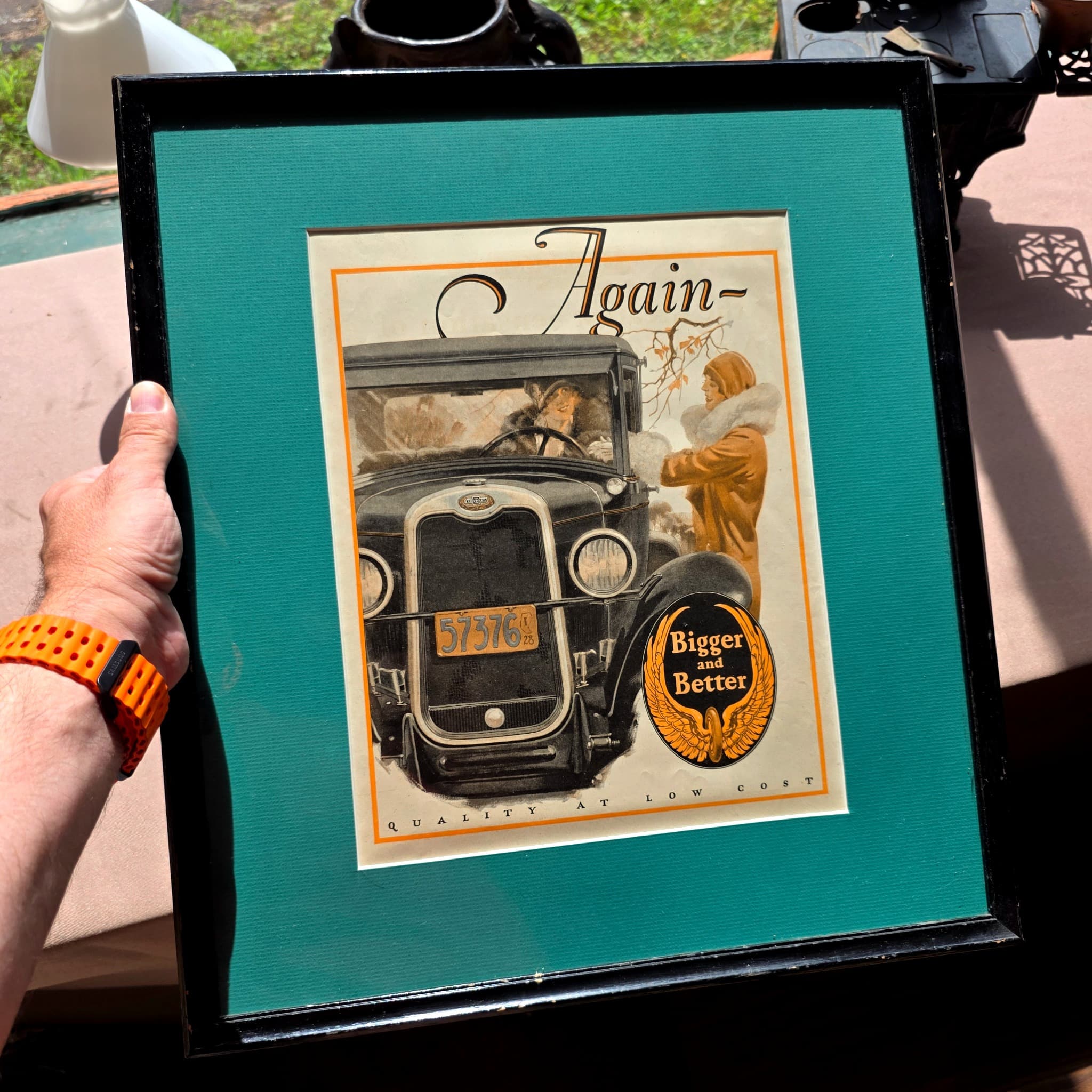 Framed Antique Car Advertisement Print, Circa 1928