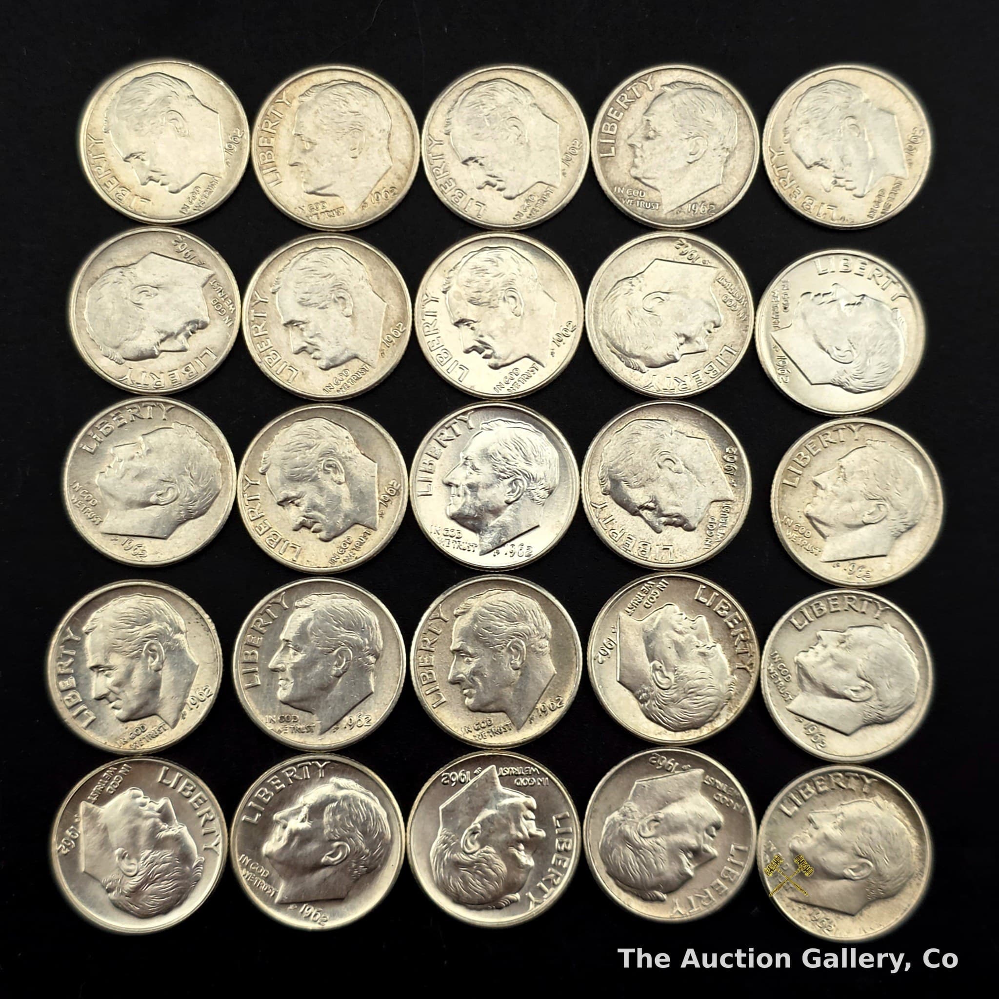 1962-D Roosevelt Silver Dimes, Half Roll of 25, 90% Silver