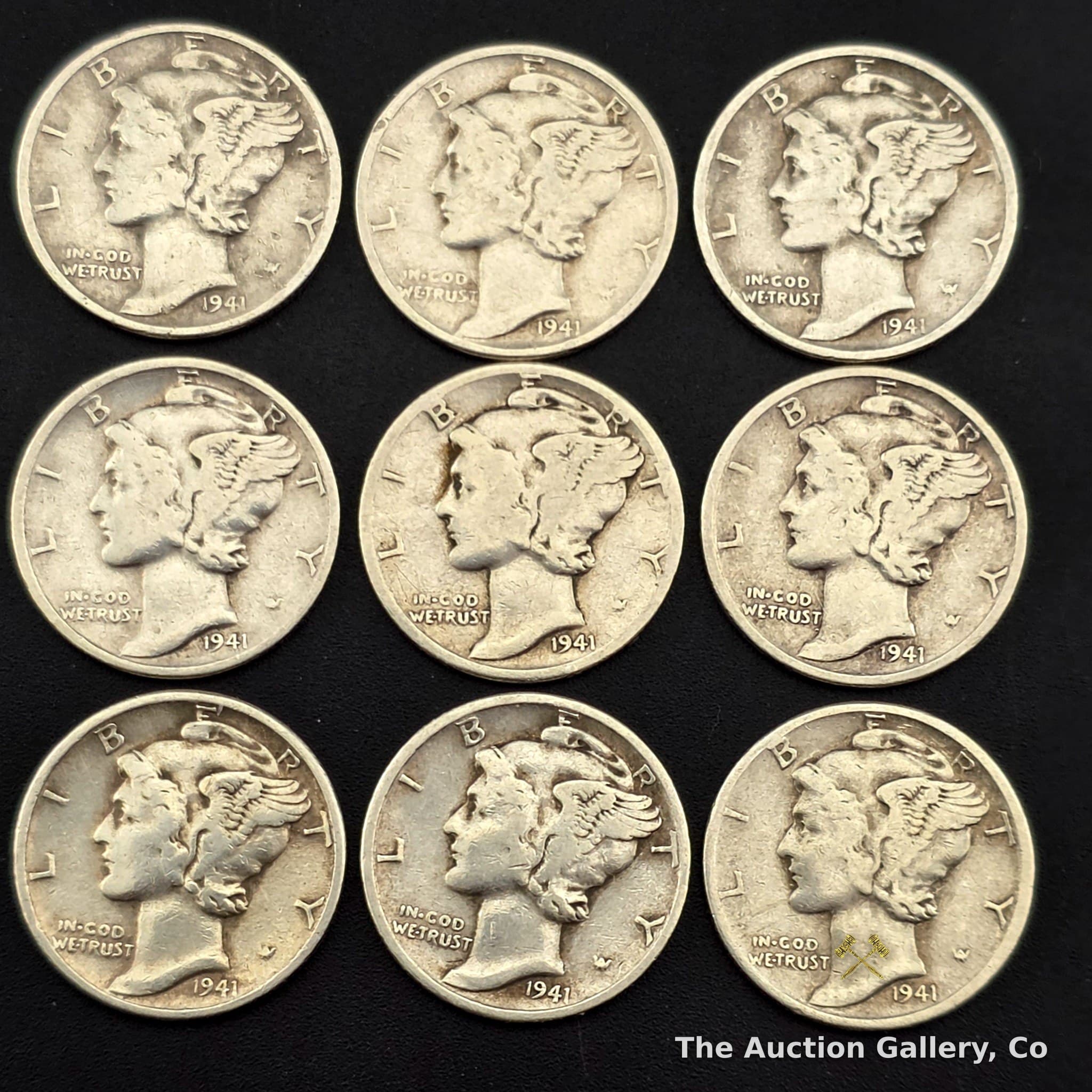 1941 Mercury Dime Lot of 9, 90% Silver