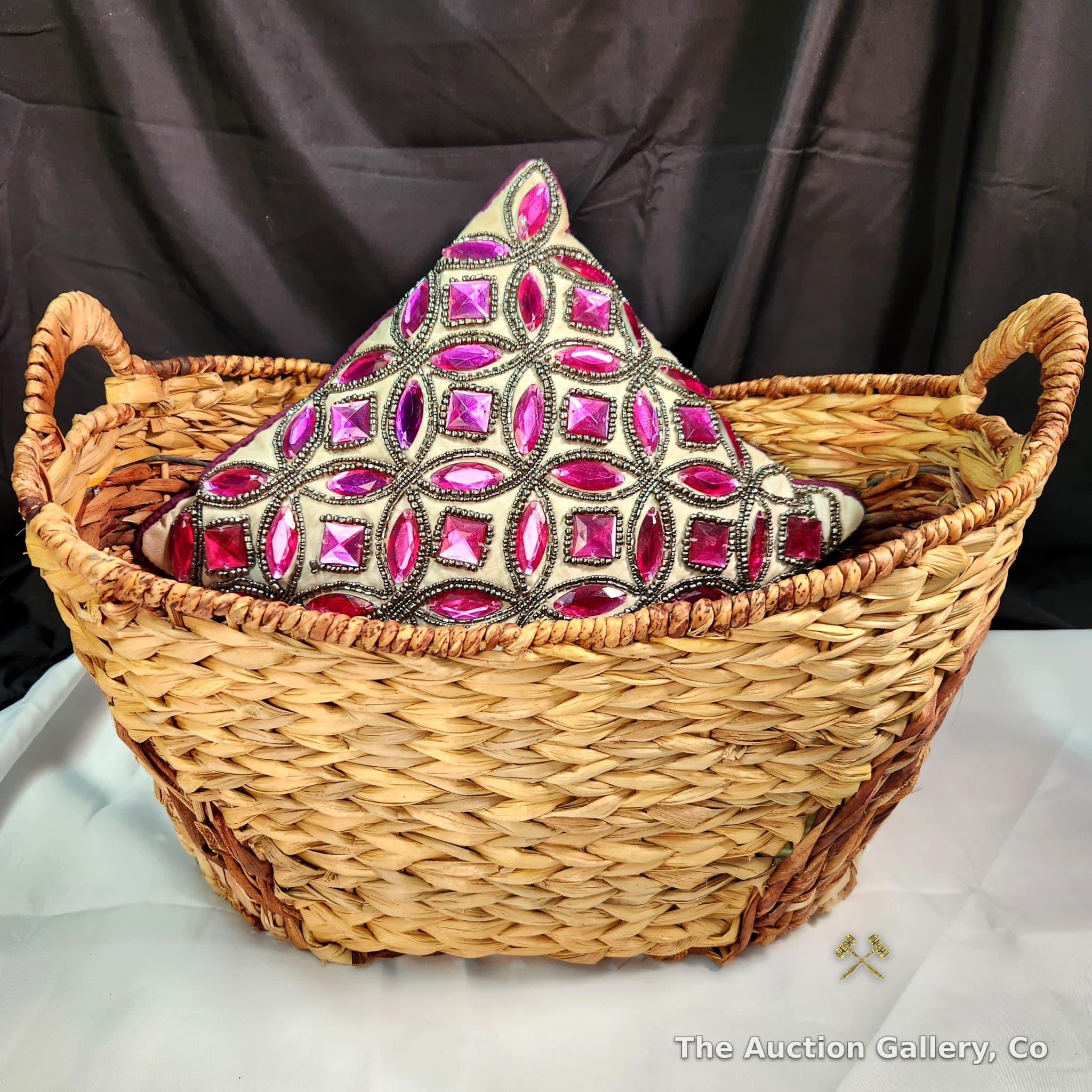 Woven Seagrass Basket with Jeweled Decorative Pillow