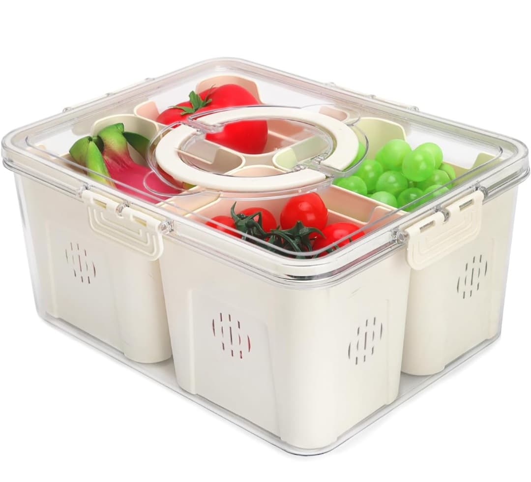 Large Storage Container with Lid and Handle for Fridge with 4 Removable Colanders