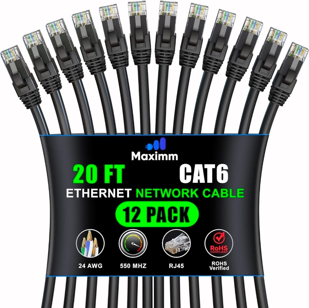 Cat 6 Ethernet Cable 20 Ft, (12-Pack) Cat6 Cable, LAN Cable, Internet Cable, Patch Cable and Network Cable - UTP (Black) 20 Feet ethernet Cord