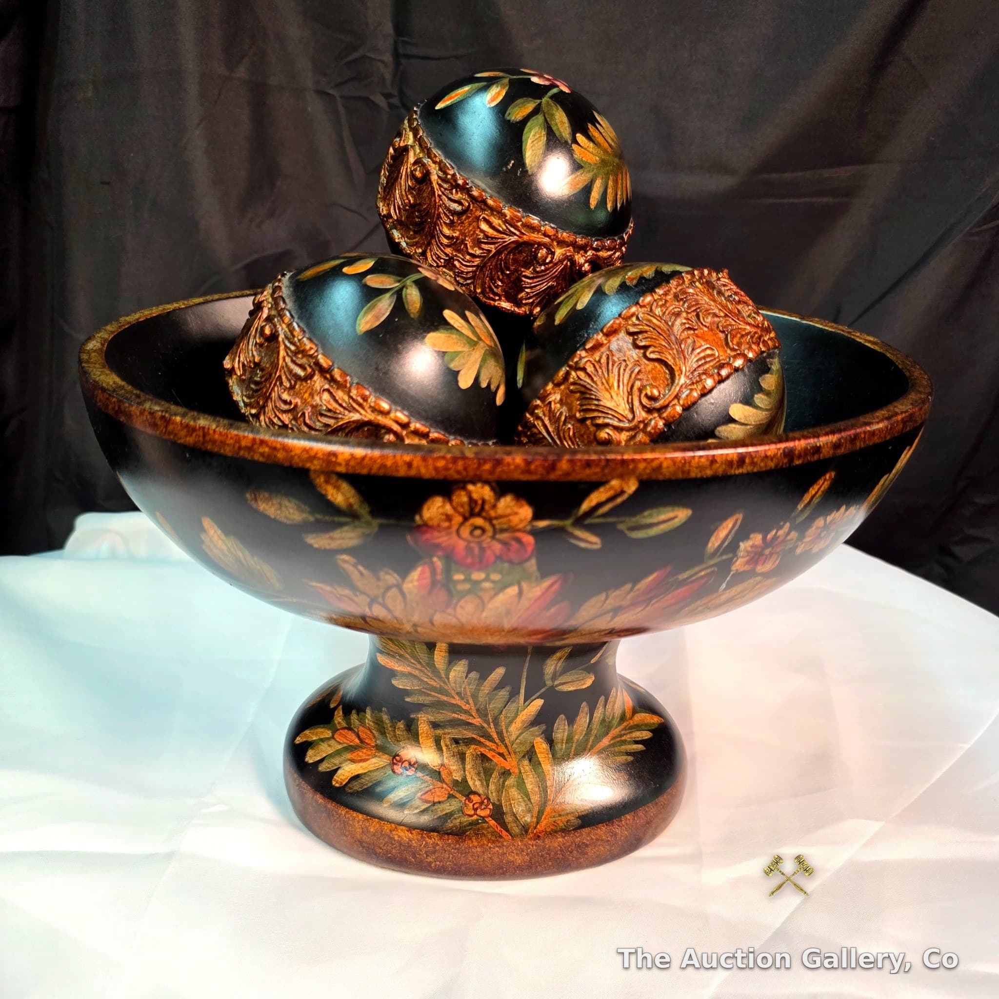 Hand-Painted Black Wood Pedestal Bowl with 3 Decorative Balls
