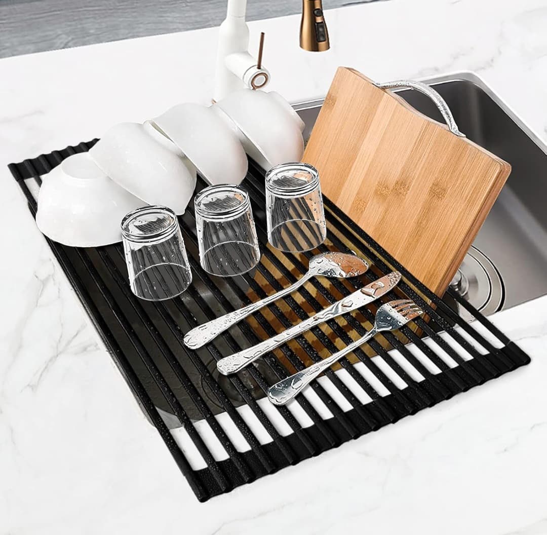 Over The Sink Dish Drying Rack Silicone Wrapped, Foldable, Heat-Resistant