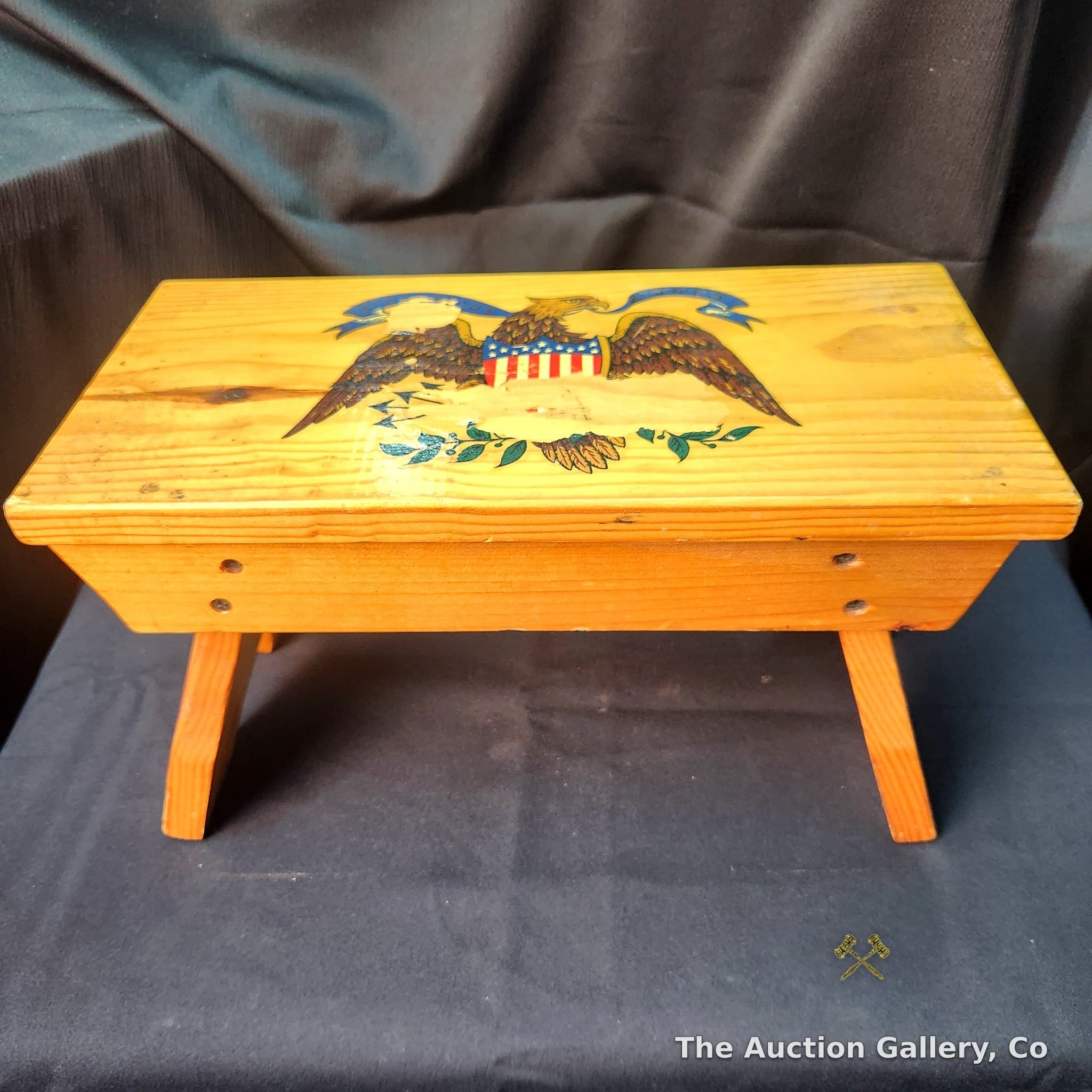 Vintage Wood Footstool with Patriotic Eagle Decal