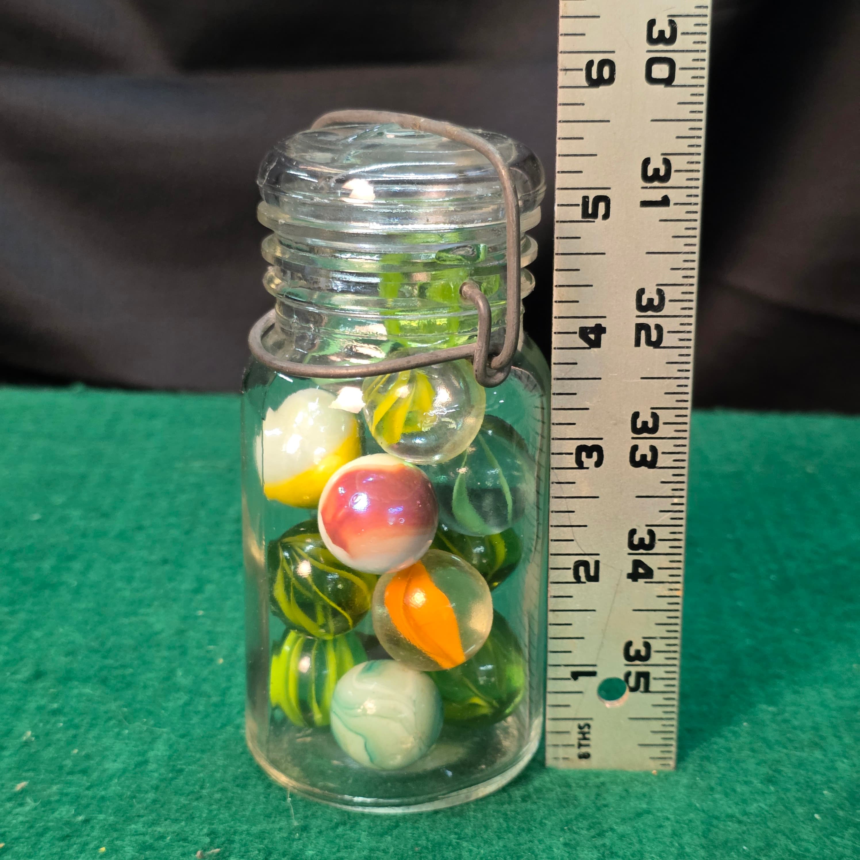 Vintage Glass Shooter Marbles in Small Wire-Bail Jar
