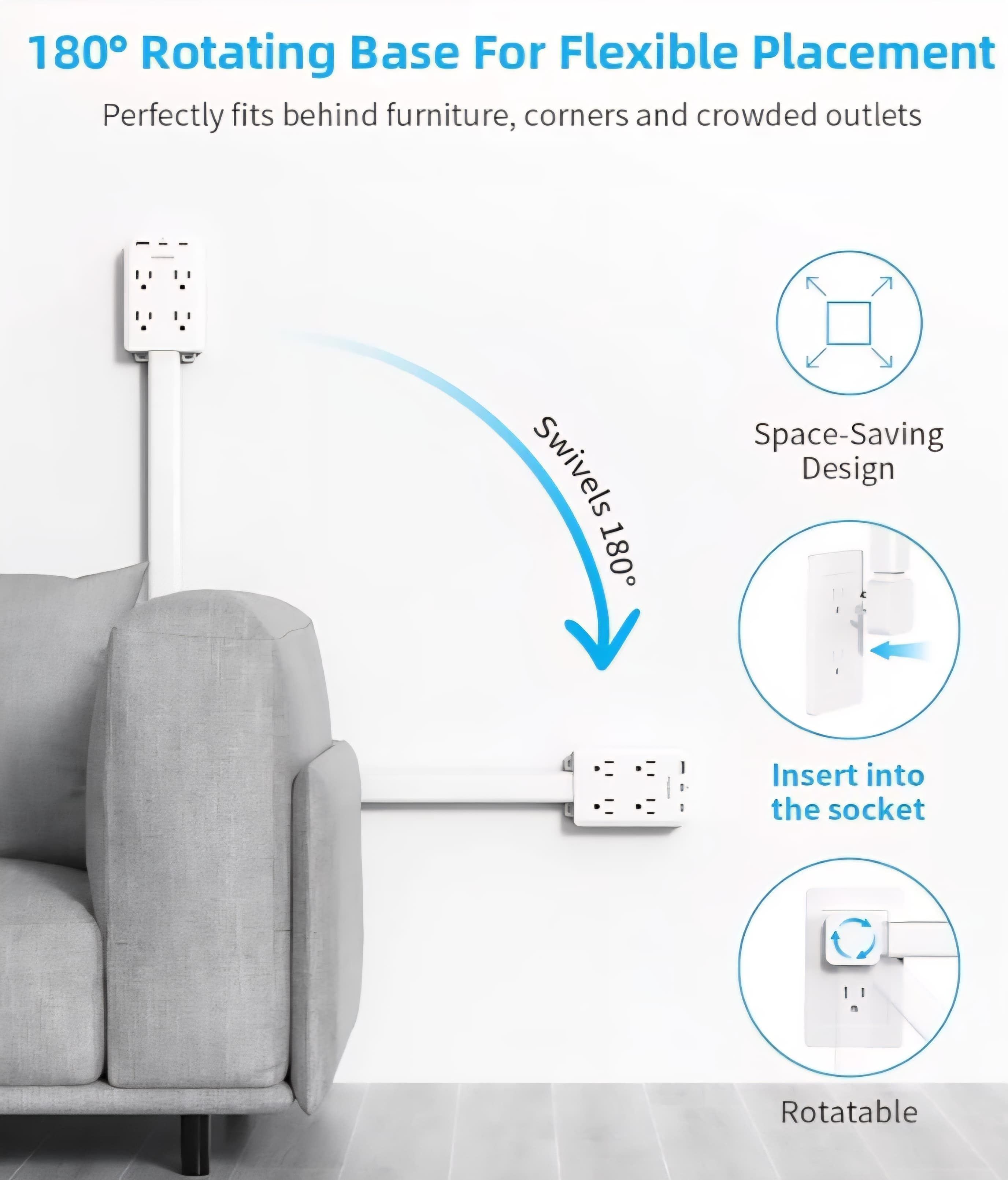 180° Electrical Outlet Extender Stick - 2 USB-C Ports & 4 AC Outlets
