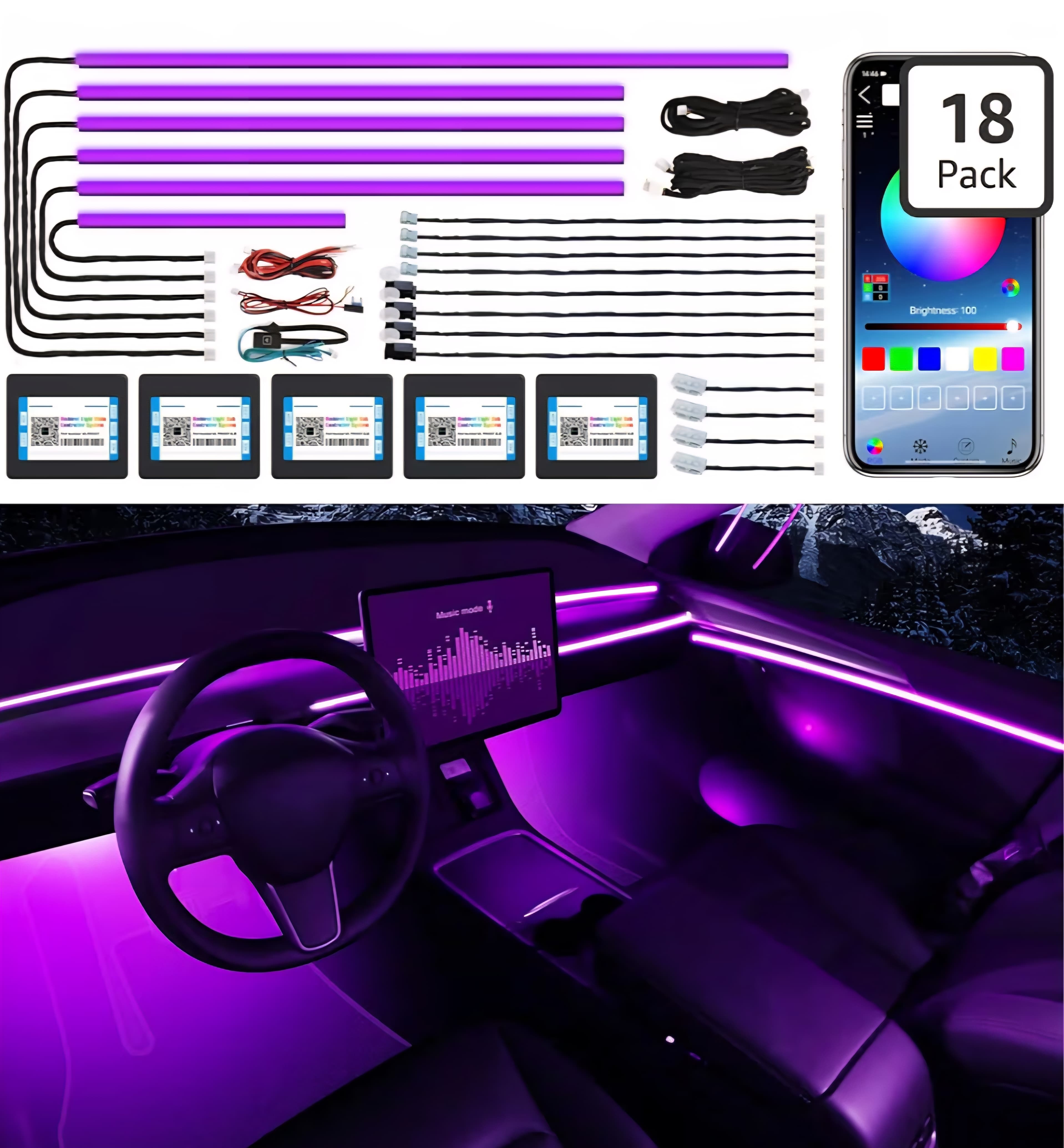 Car Interior LED Light Strip - 600LEDs - Sound Active - Wireless App