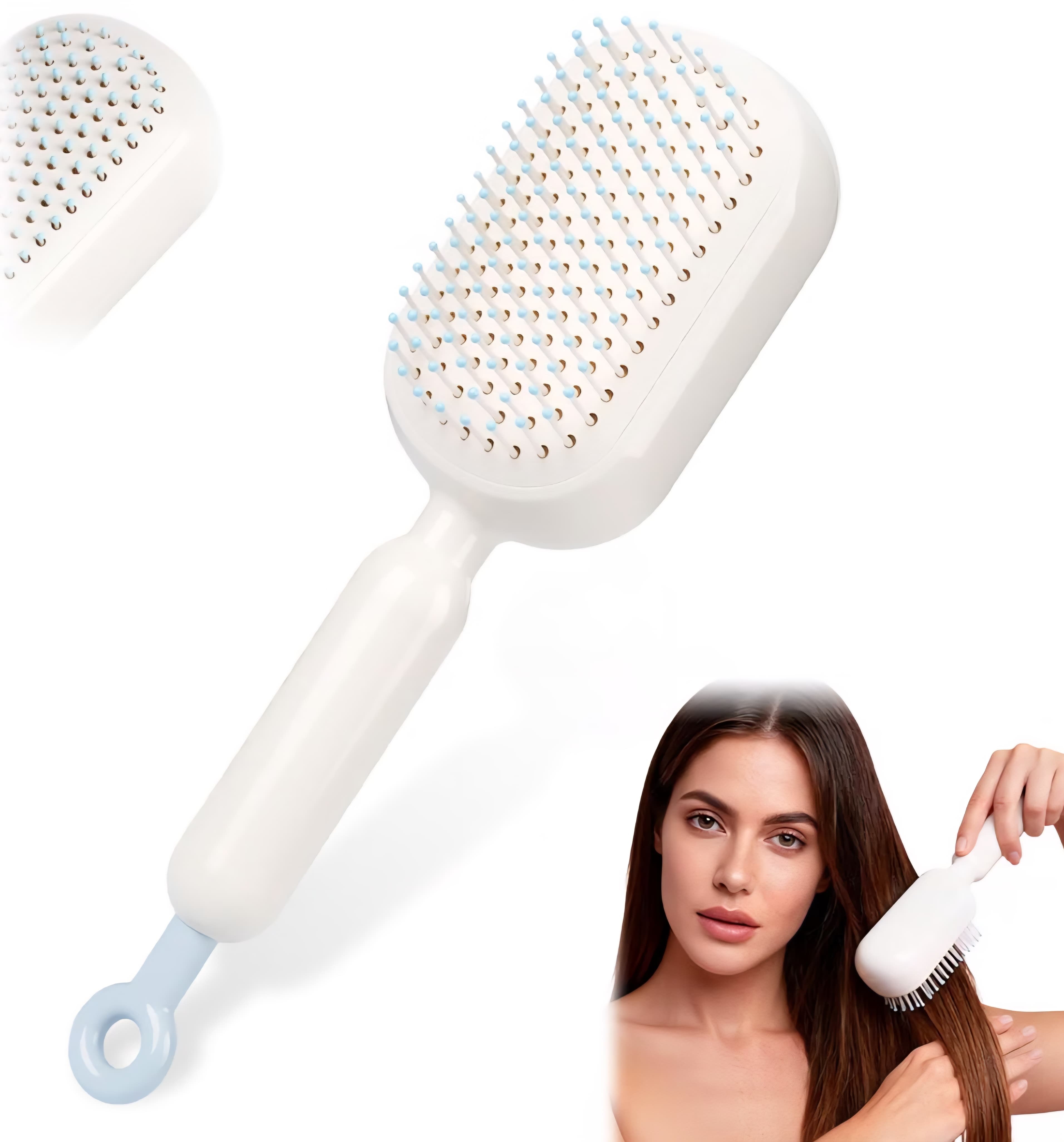 Self Cleaning Hair Brush with Retractable Bristles, Ergonomic Handle (White)