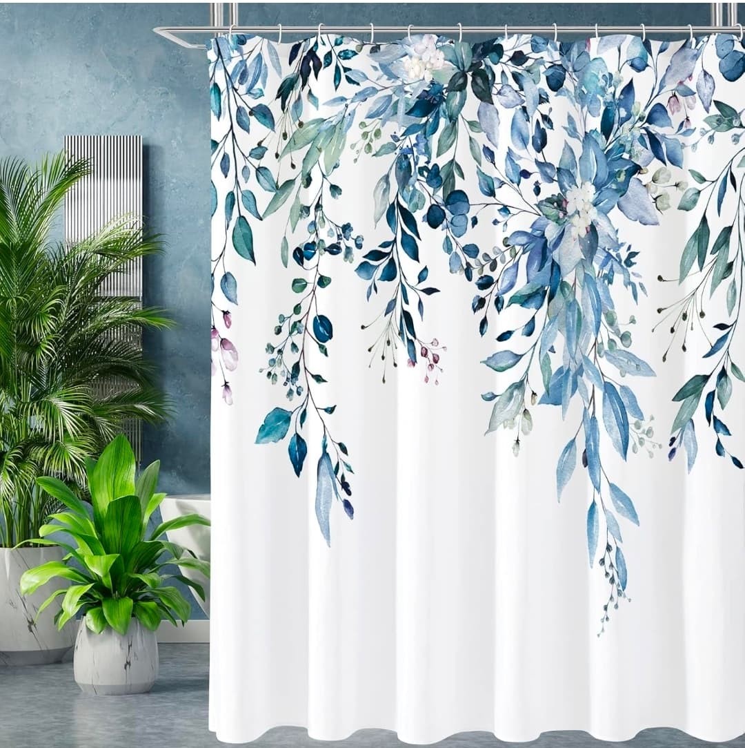 Long Shower Curtain 72 x 80, Blue Floral Shower Curtain for Bathroom, Watercolor Plant Eucalyptus Leaves Fabric Shower Curtain Set